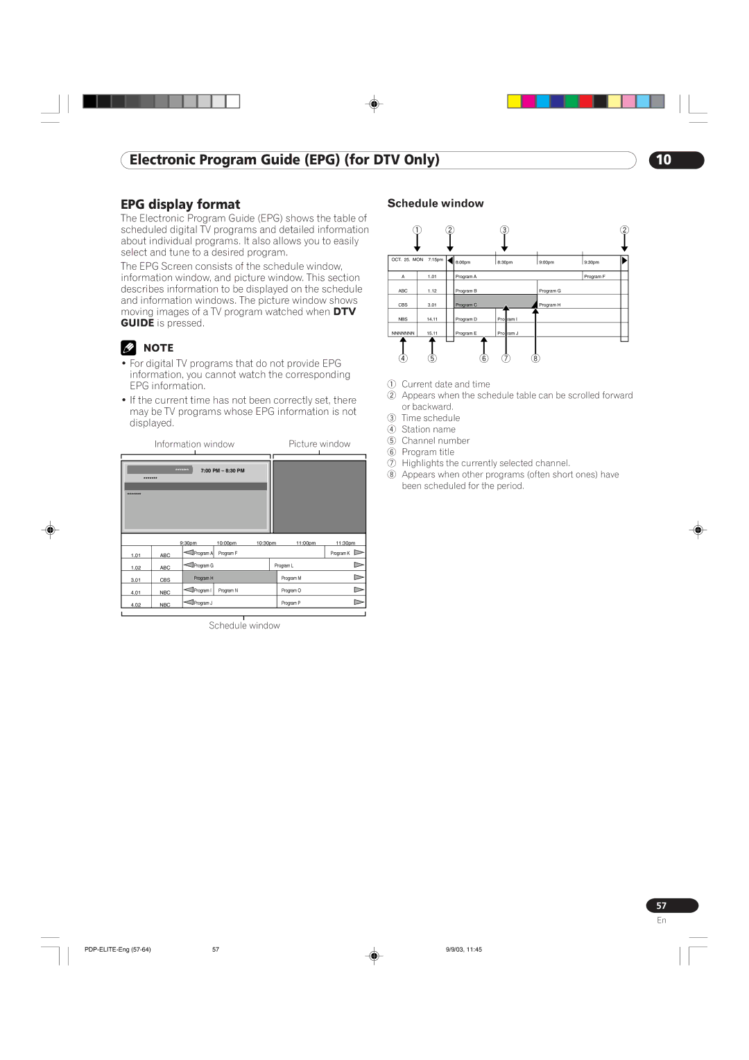 Pioneer PRO 1110HD, PRO 910HD manual Electronic Program Guide EPG for DTV Only, EPG display format, Schedule window 