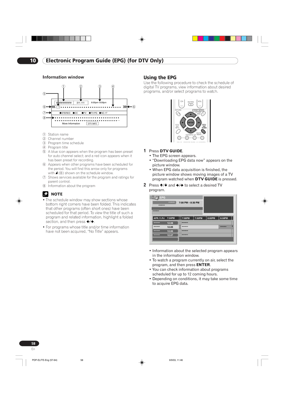 Pioneer PRO 910HD, PRO 1110HD manual Using the EPG, Information window, Press DTV Guide 