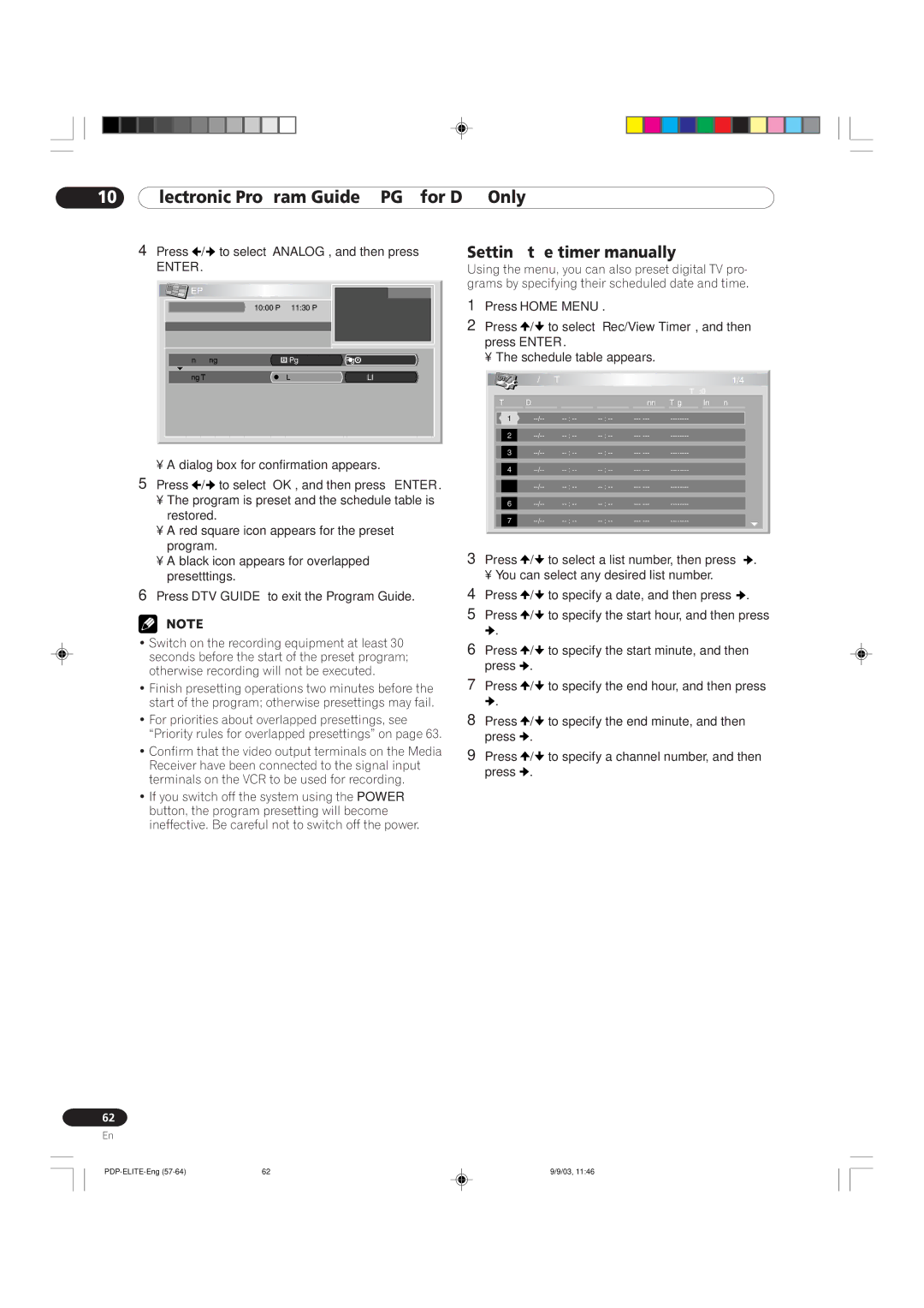 Pioneer PRO 910HD, PRO 1110HD Setting the timer manually, Press Home Menu 