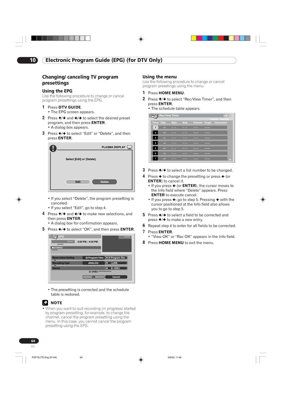 Pioneer PRO 910HD, PRO 1110HD manual Changing/ canceling TV program presettings, Using the EPG, Using the menu 