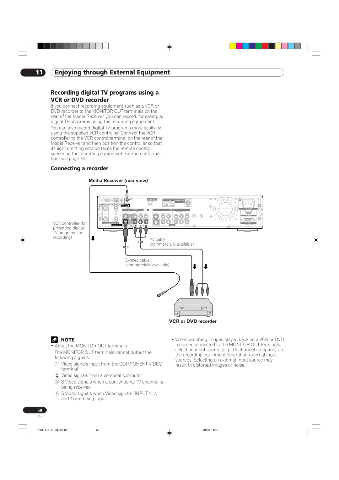 Pioneer PRO 910HD, PRO 1110HD manual Recording digital TV programs using a VCR or DVD recorder, Connecting a recorder 