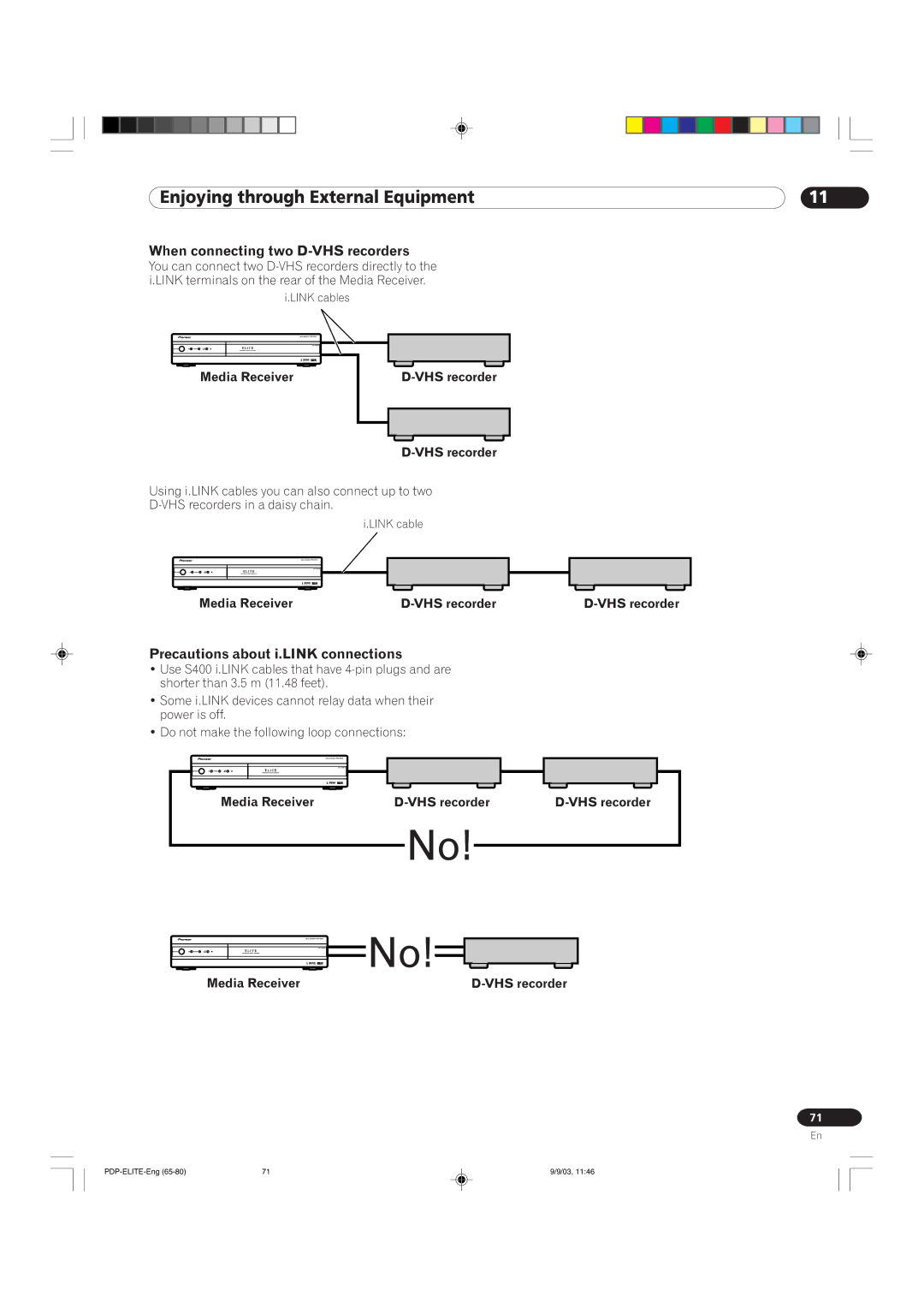 Pioneer PRO 1110HD When connecting two D-VHS recorders, Precautions about i.LINK connections, Media Receiver VHS recorder 