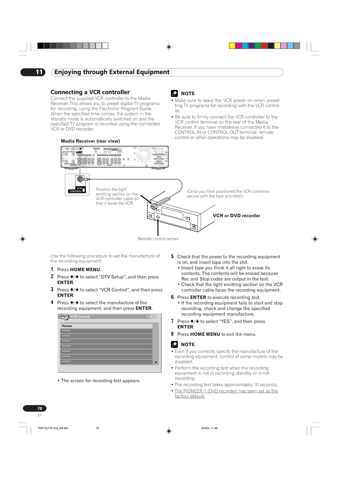 Pioneer PRO 910HD, PRO 1110HD manual Connecting a VCR controller, Media Receiver rear view 