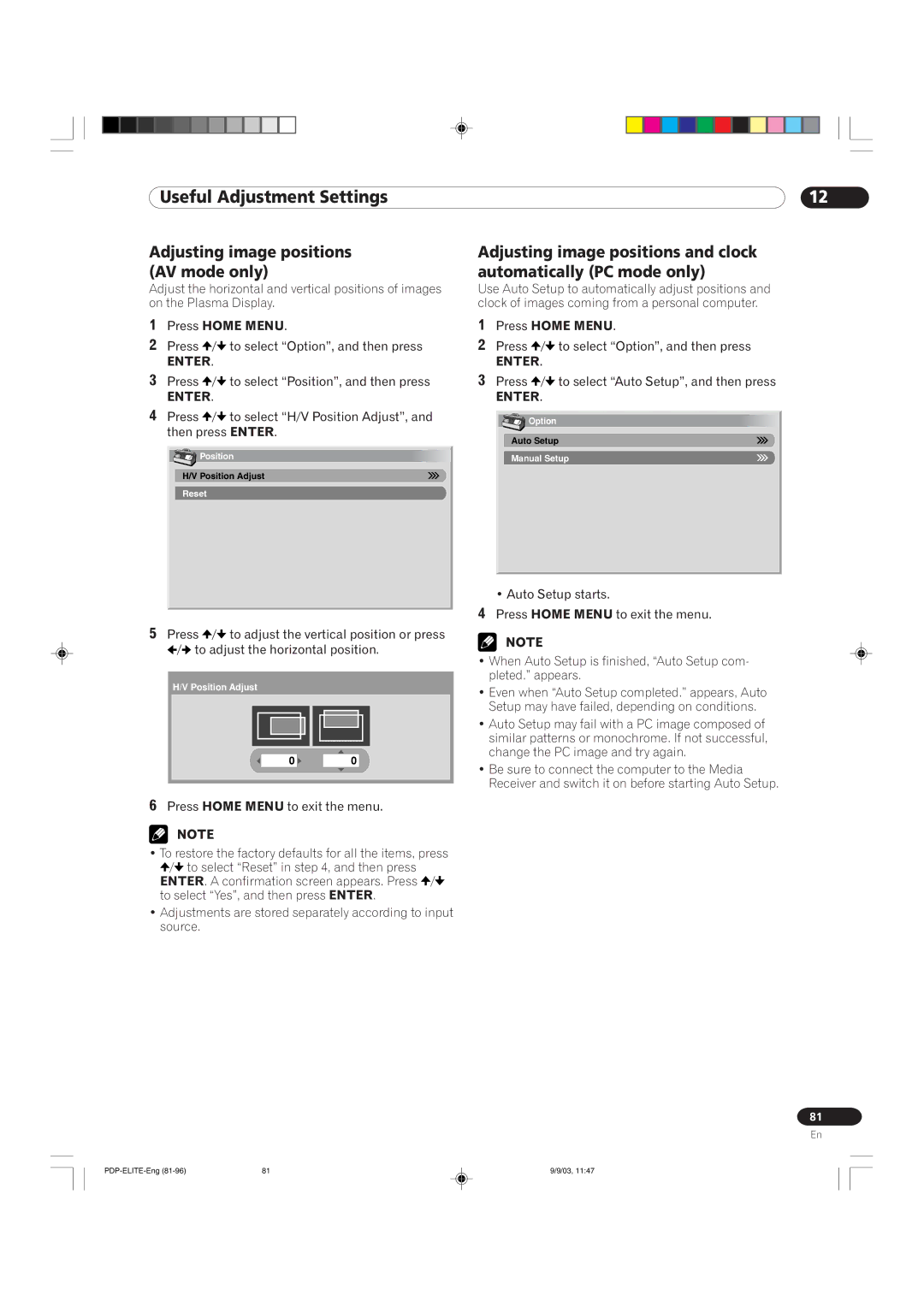 Pioneer PRO 1110HD, PRO 910HD manual Useful Adjustment Settings, Adjusting image positions AV mode only 