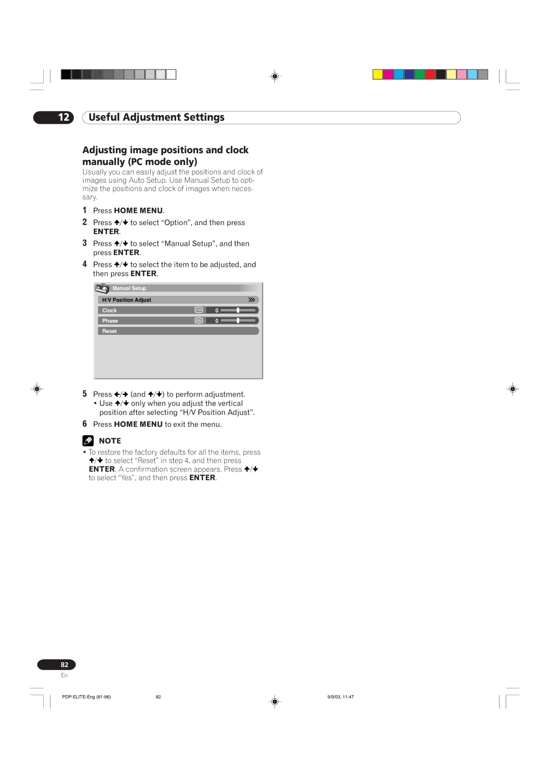 Pioneer PRO 910HD, PRO 1110HD Adjusting image positions and clock manually PC mode only 