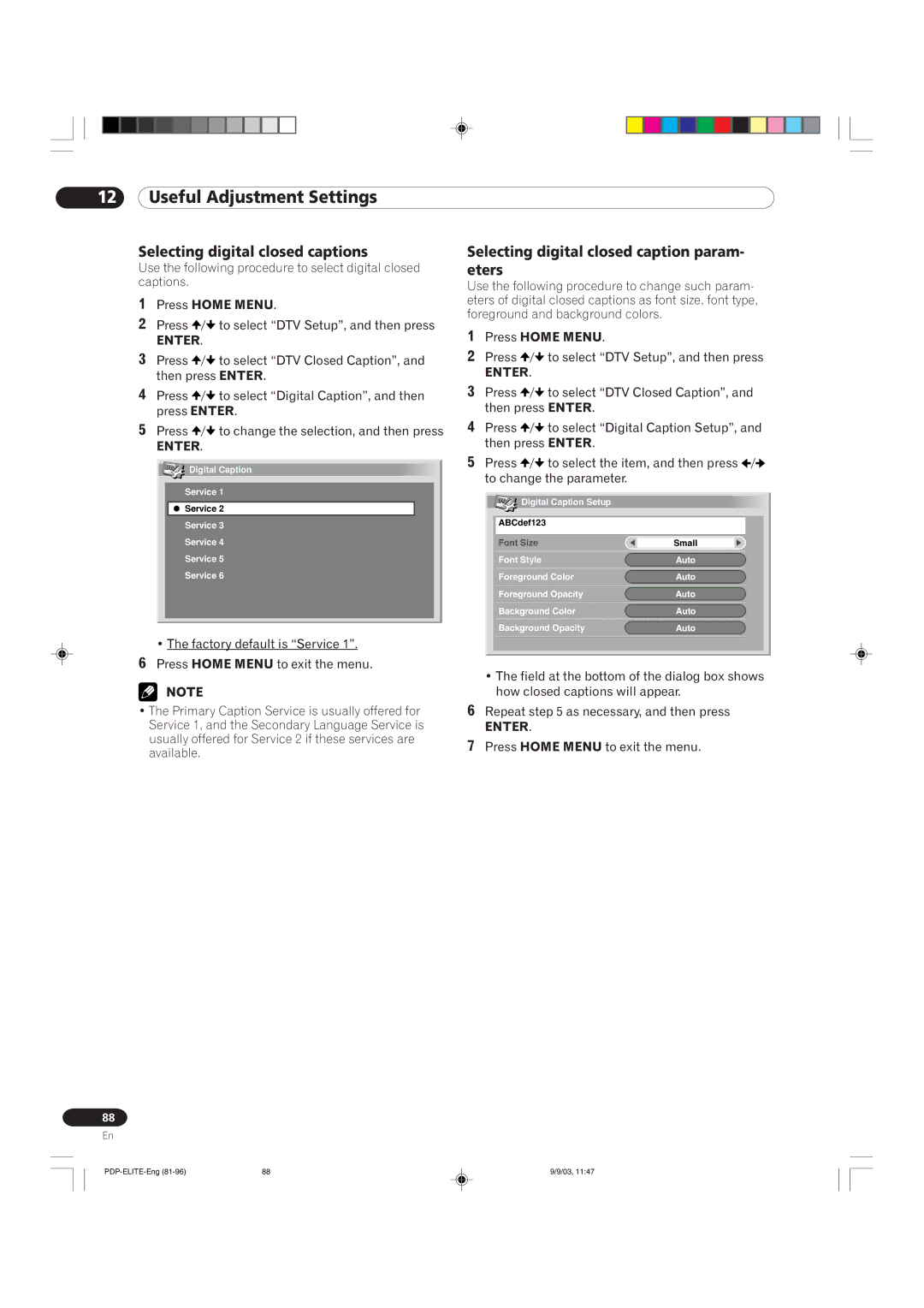 Pioneer PRO 910HD, PRO 1110HD manual Selecting digital closed captions, Selecting digital closed caption param- eters 