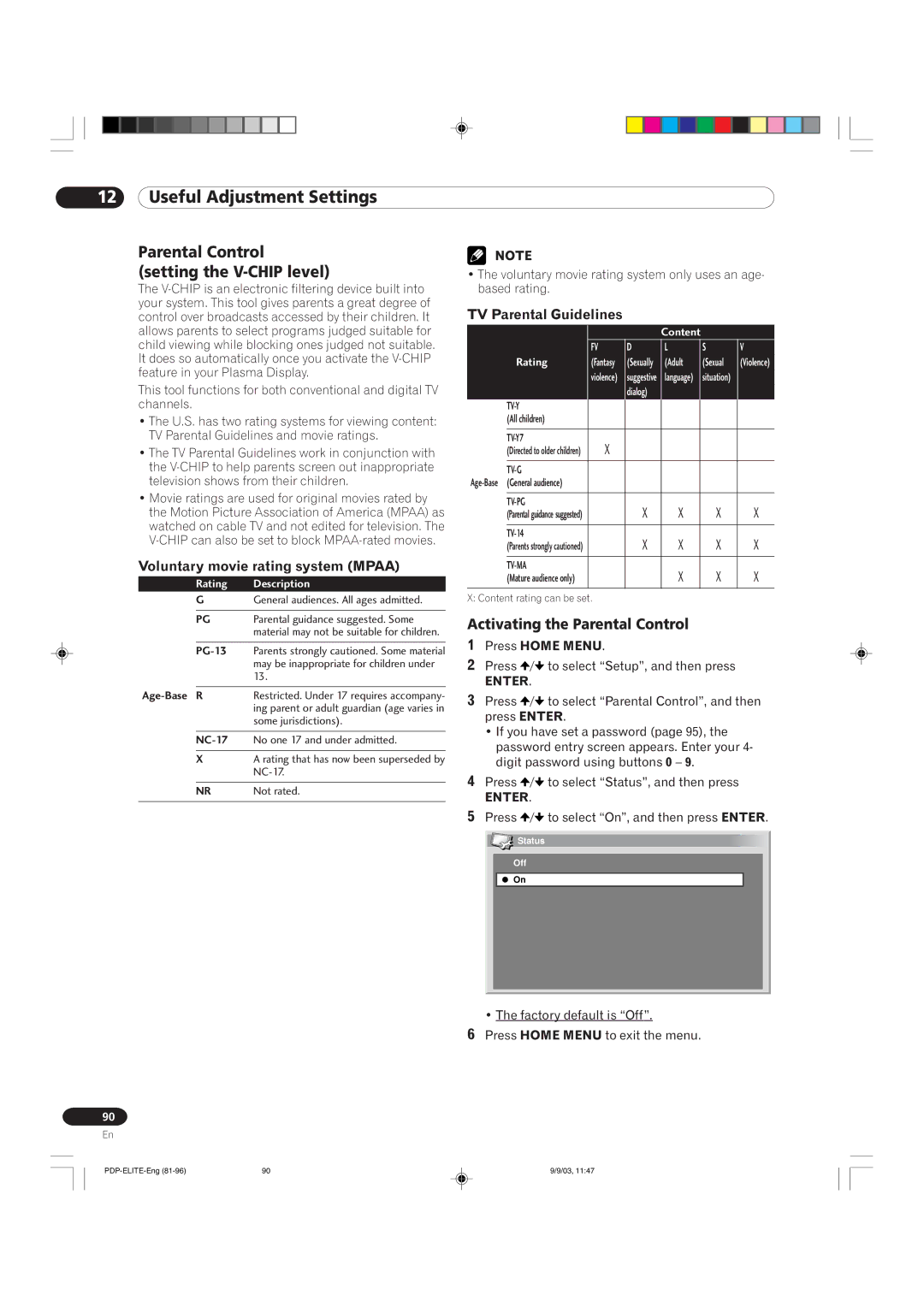 Pioneer PRO 910HD manual Parental Control setting the V-CHIP level, Activating the Parental Control, TV Parental Guidelines 