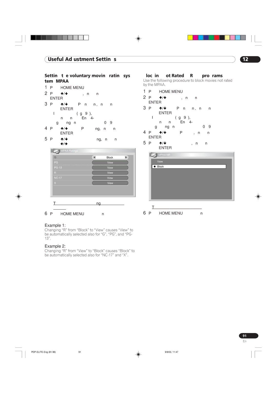 Pioneer PRO 1110HD manual Setting the voluntary moving rating sys- tem Mpaa, Blocking Not Rated NR TV programs, Example 