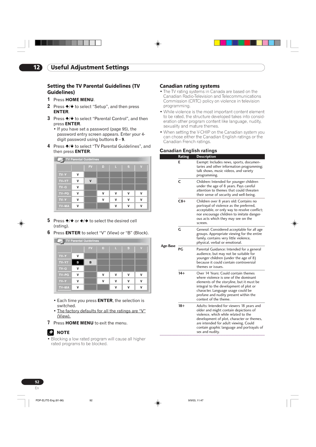 Pioneer PRO 910HD Setting the TV Parental Guidelines TV Guidelines, Canadian rating systems, Canadian English ratings 