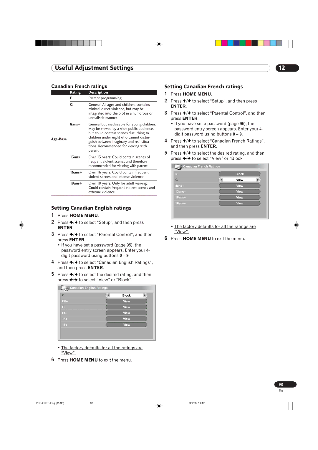 Pioneer PRO 1110HD, PRO 910HD manual Setting Canadian English ratings, Setting Canadian French ratings 