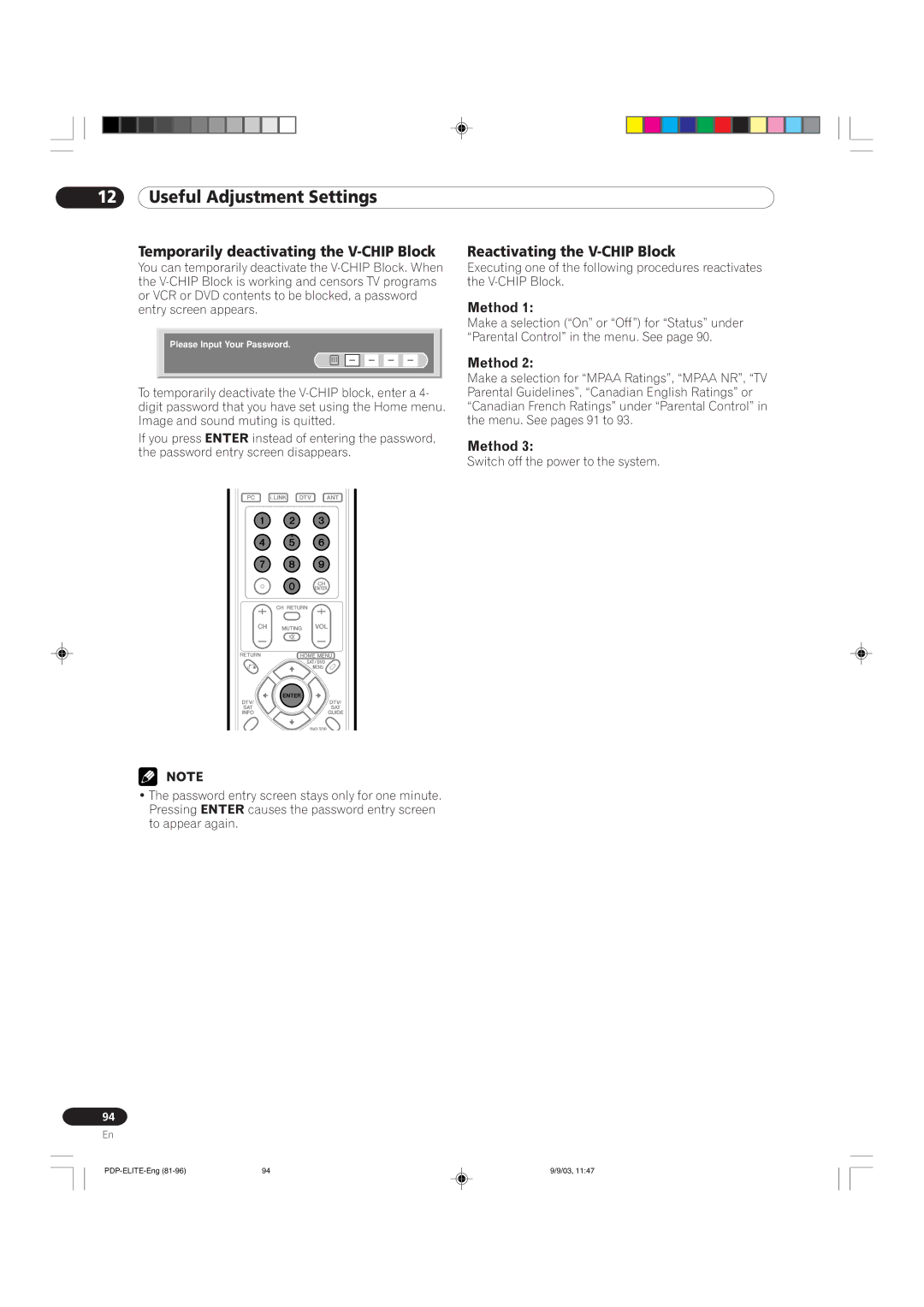 Pioneer PRO 910HD, PRO 1110HD manual Temporarily deactivating the V-CHIP Block, Reactivating the V-CHIP Block, Method 