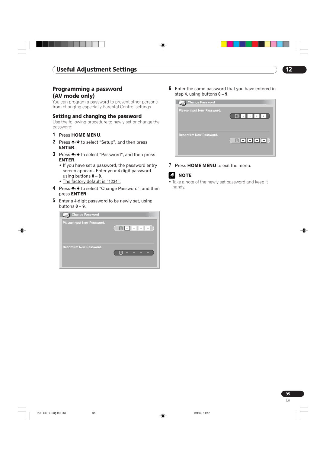 Pioneer PRO 1110HD, PRO 910HD manual Programming a password AV mode only, Setting and changing the password 