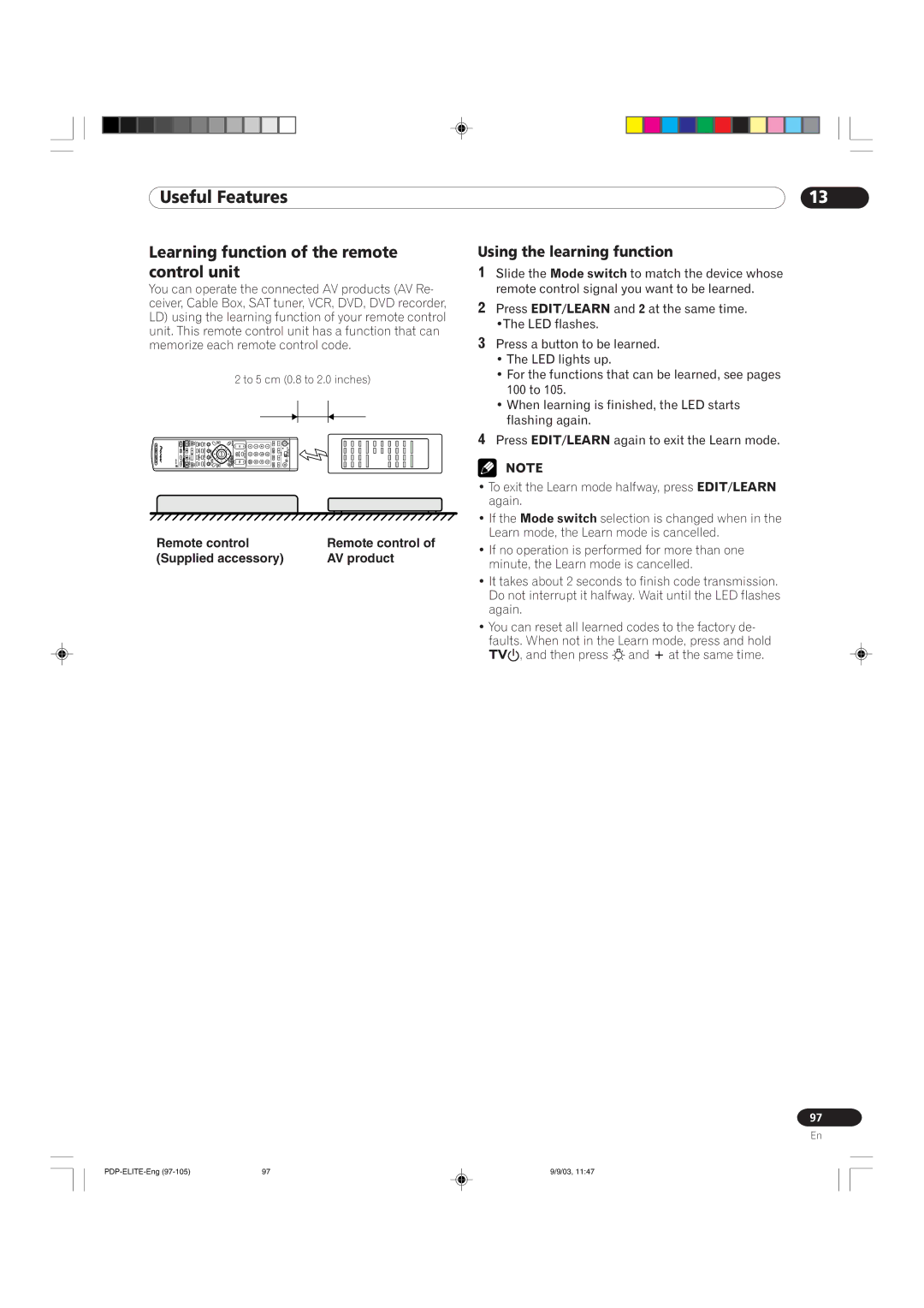 Pioneer PRO 1110HD, PRO 910HD Useful Features, Learning function of the remote control unit, Using the learning function 