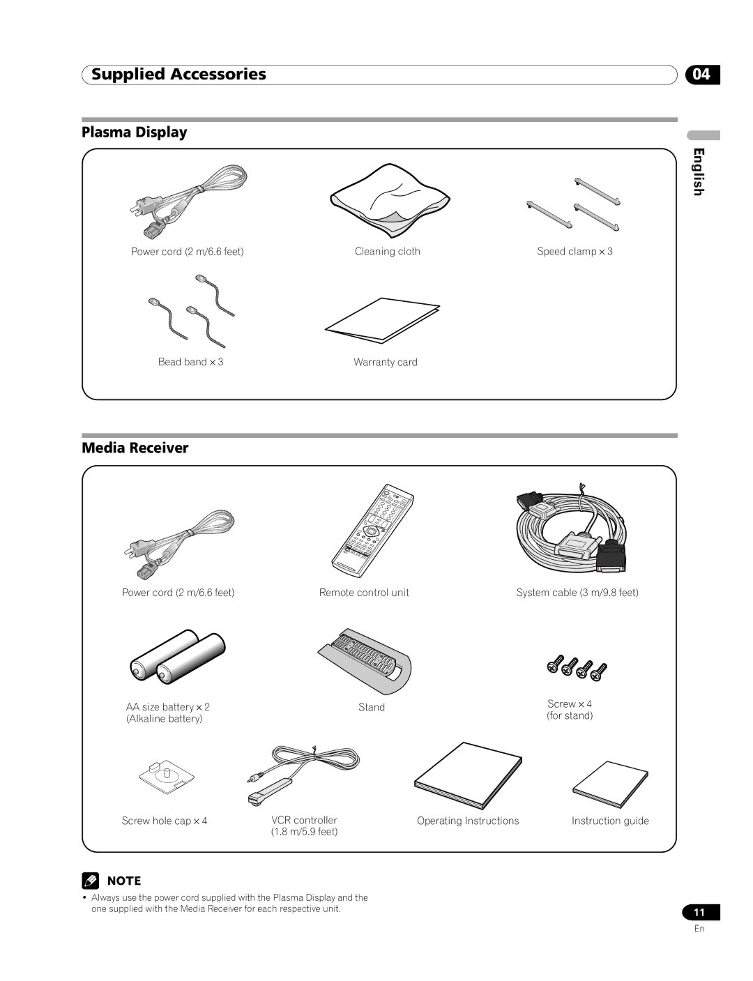 Pioneer PRO-1120HD, PRO-920HD manual Supplied Accessories, Plasma Display, Media Receiver 