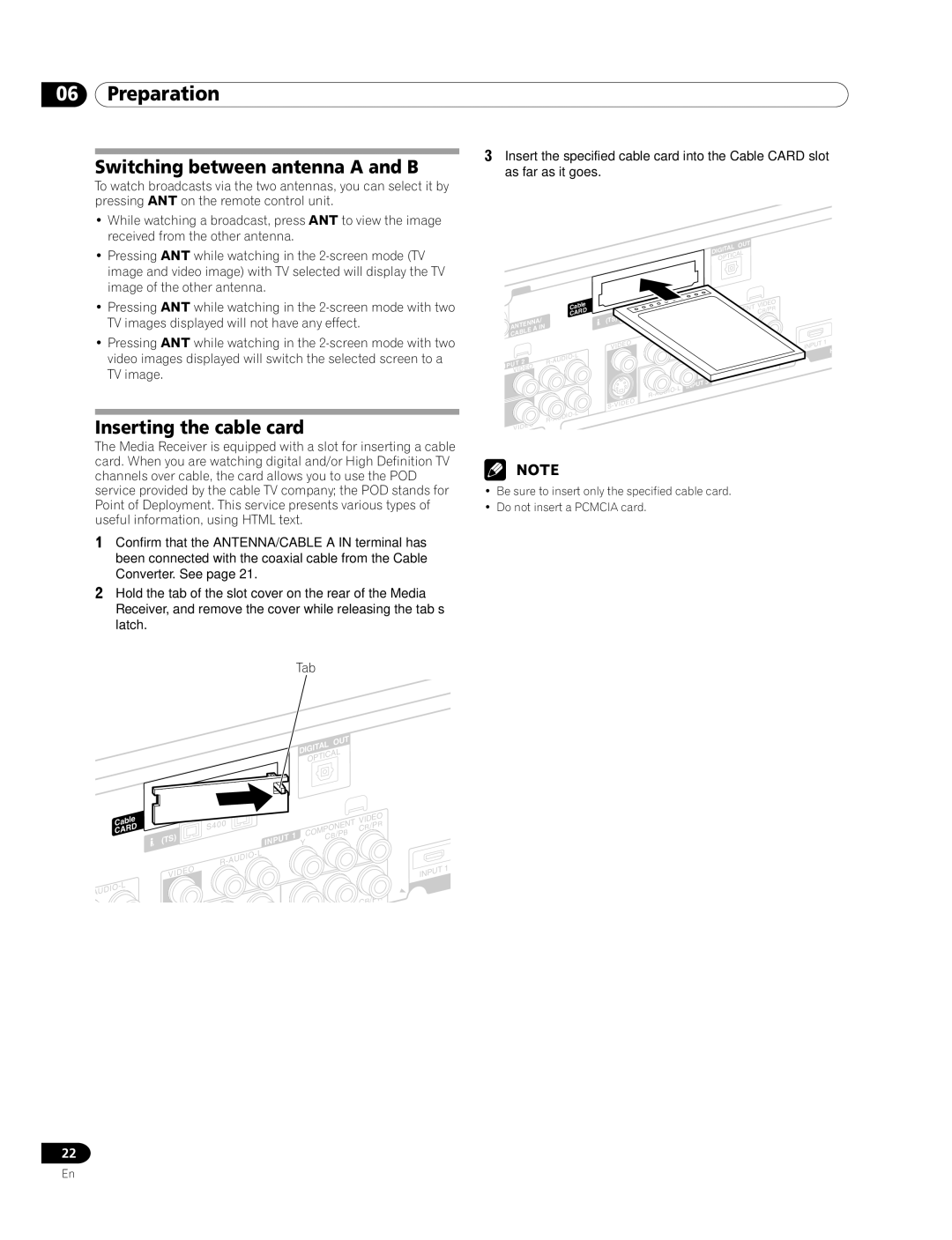 Pioneer PRO-920HD, PRO-1120HD manual Switching between antenna a and B, Inserting the cable card 