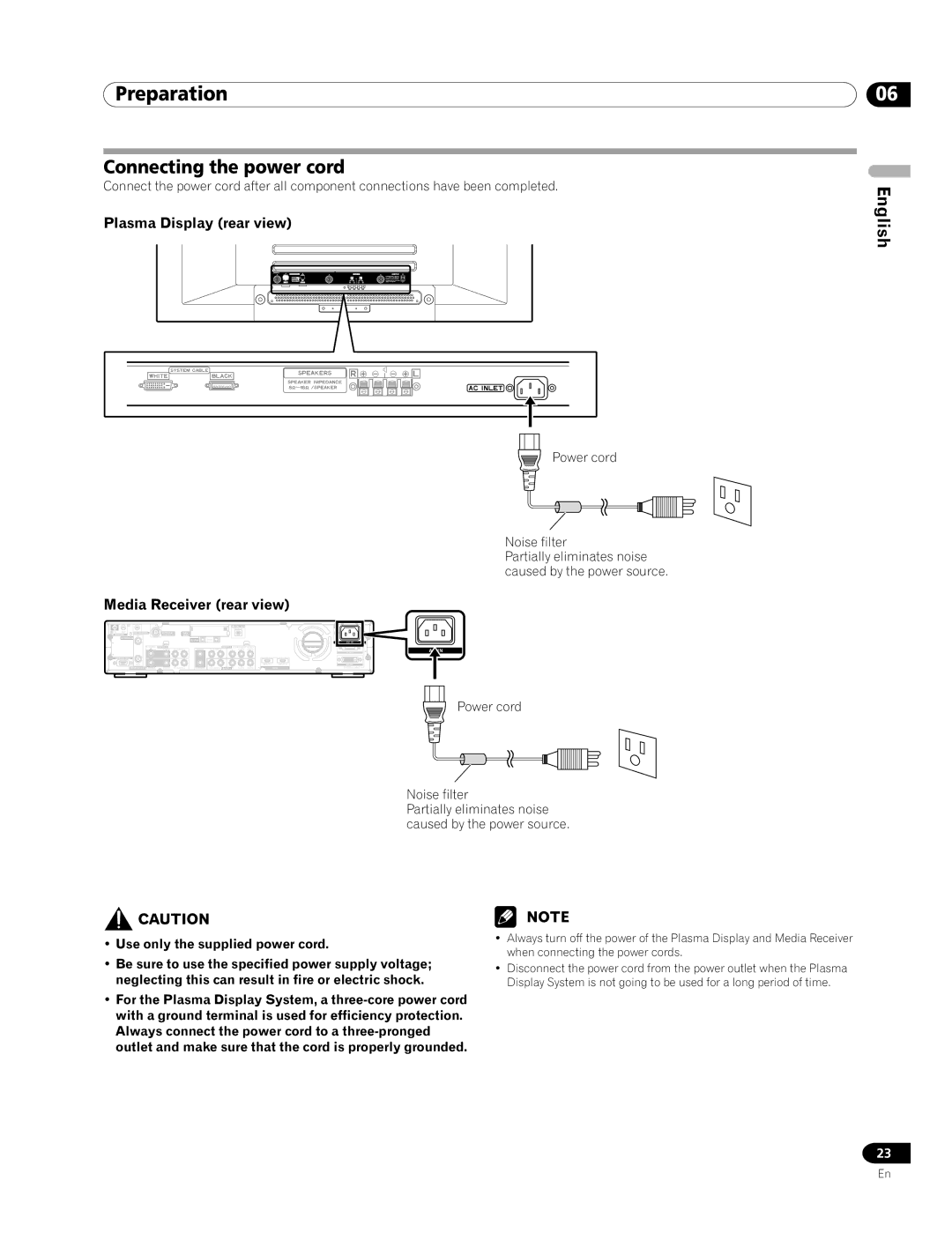 Pioneer PRO-1120HD, PRO-920HD manual Connecting the power cord, Power cord Noise filter 