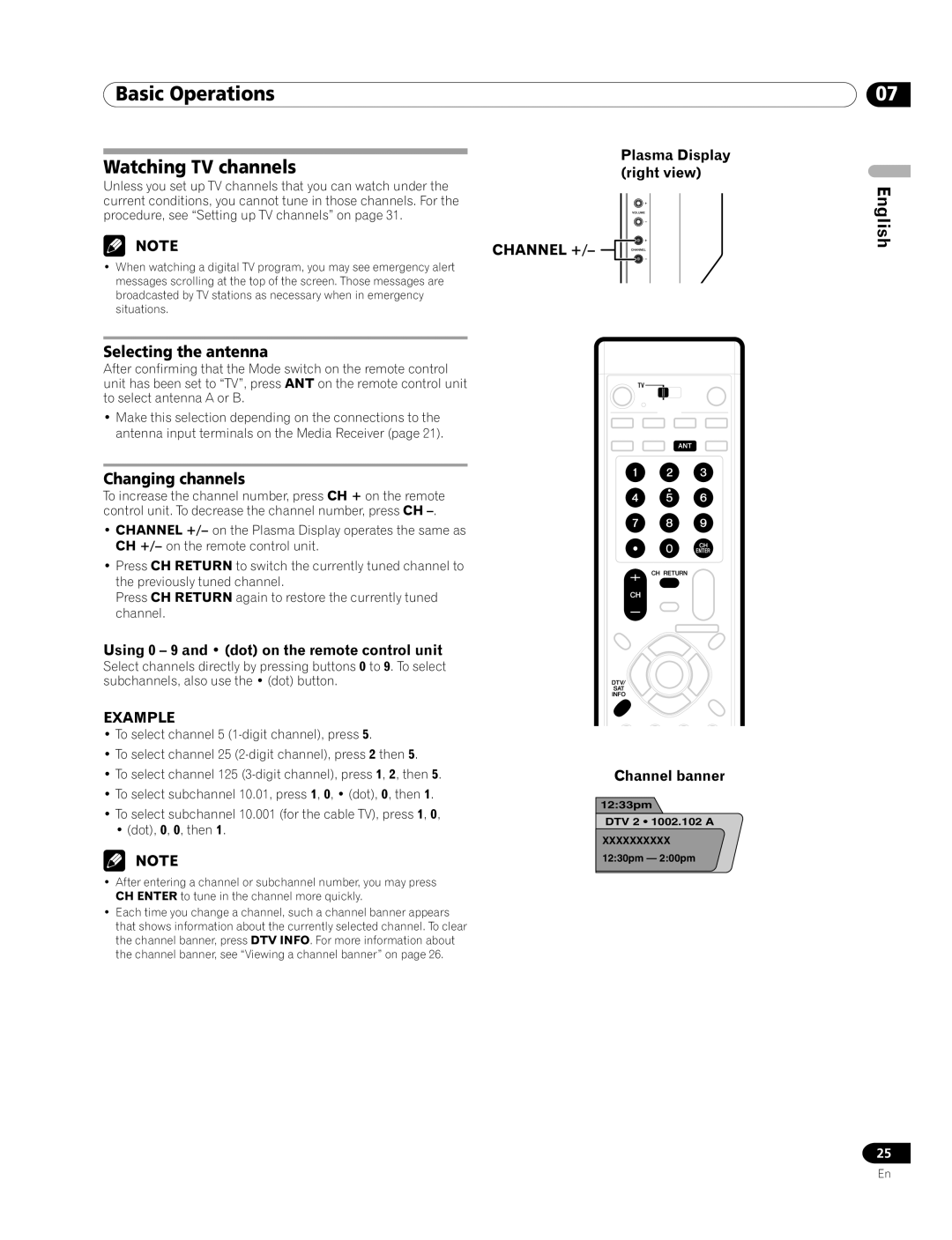 Pioneer PRO-1120HD, PRO-920HD manual Watching TV channels, Selecting the antenna, Changing channels 