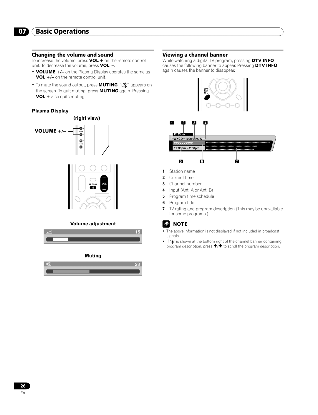 Pioneer PRO-920HD, PRO-1120HD manual Changing the volume and sound, Viewing a channel banner, Volume adjustment Muting 