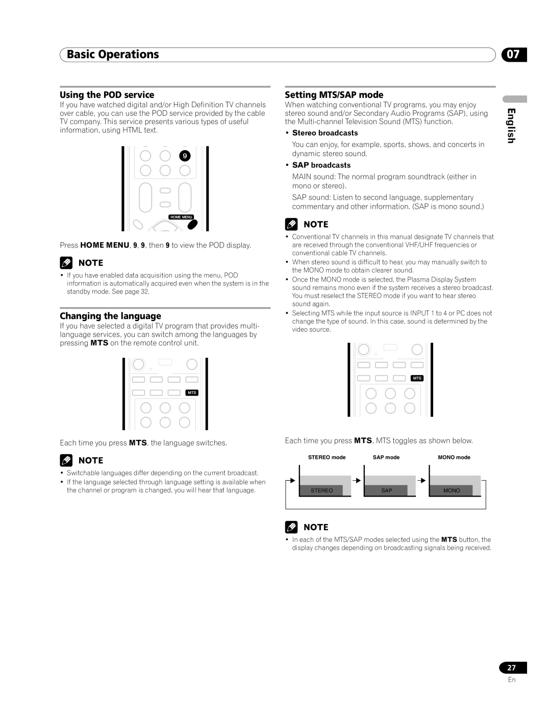 Pioneer PRO-1120HD Using the POD service, Changing the language, Setting MTS/SAP mode, Stereo broadcasts, SAP broadcasts 