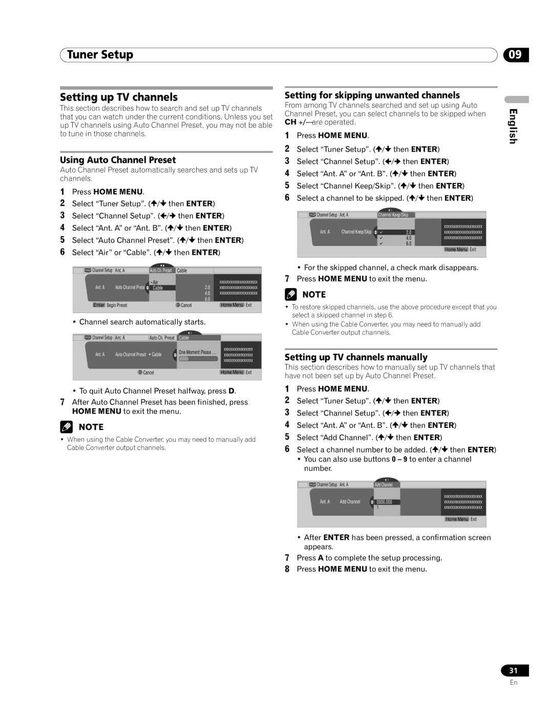 Pioneer PRO-1120HD Tuner Setup, Setting up TV channels, Using Auto Channel Preset, Setting for skipping unwanted channels 