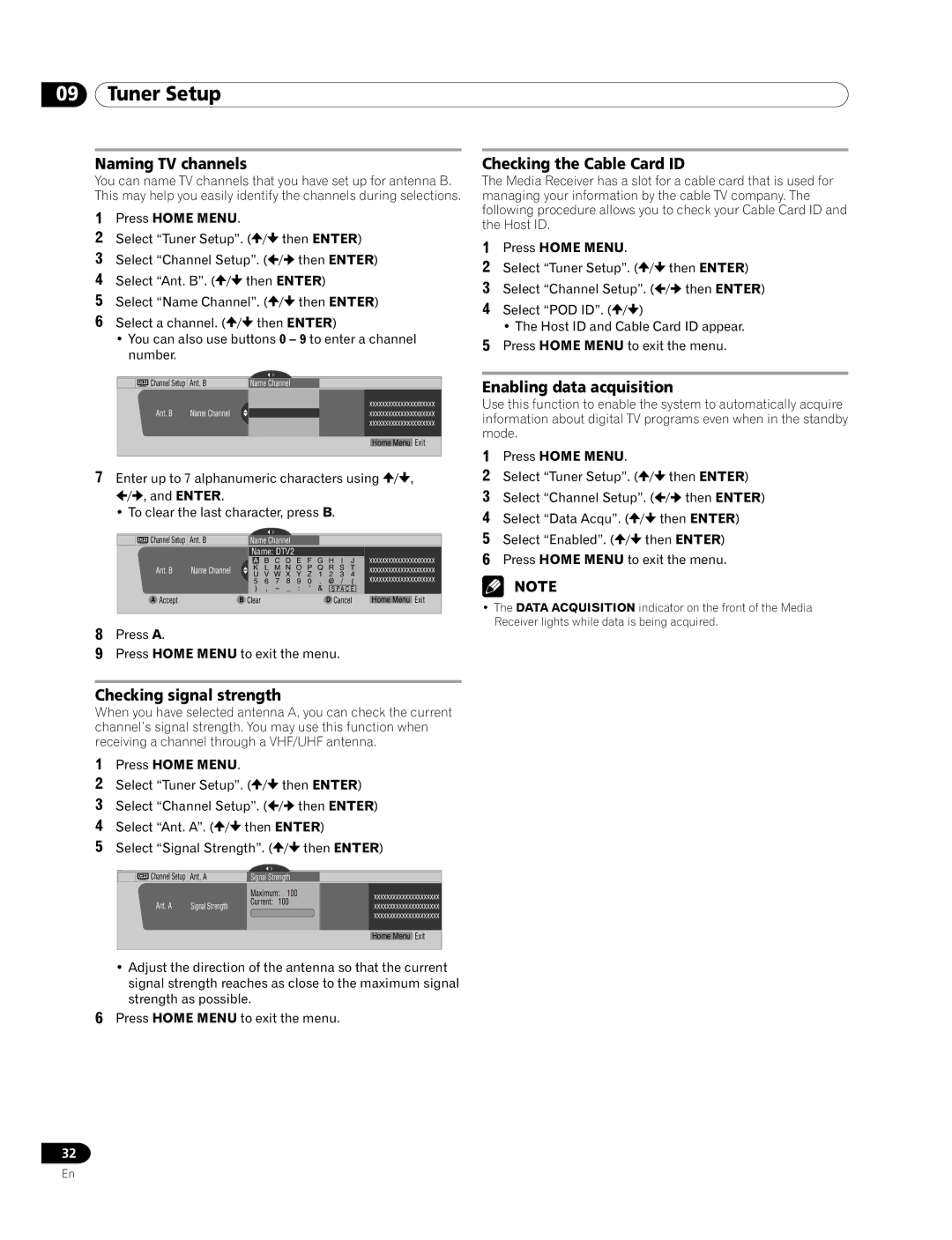 Pioneer PRO-920HD Naming TV channels, Checking signal strength, Checking the Cable Card ID, Enabling data acquisition 