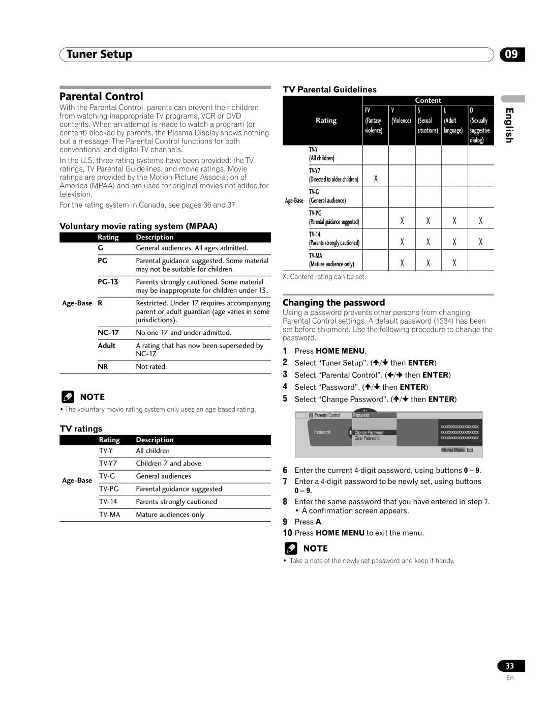 Pioneer PRO-1120HD, PRO-920HD manual Parental Control, Changing the password, Voluntary movie rating system Mpaa, TV ratings 