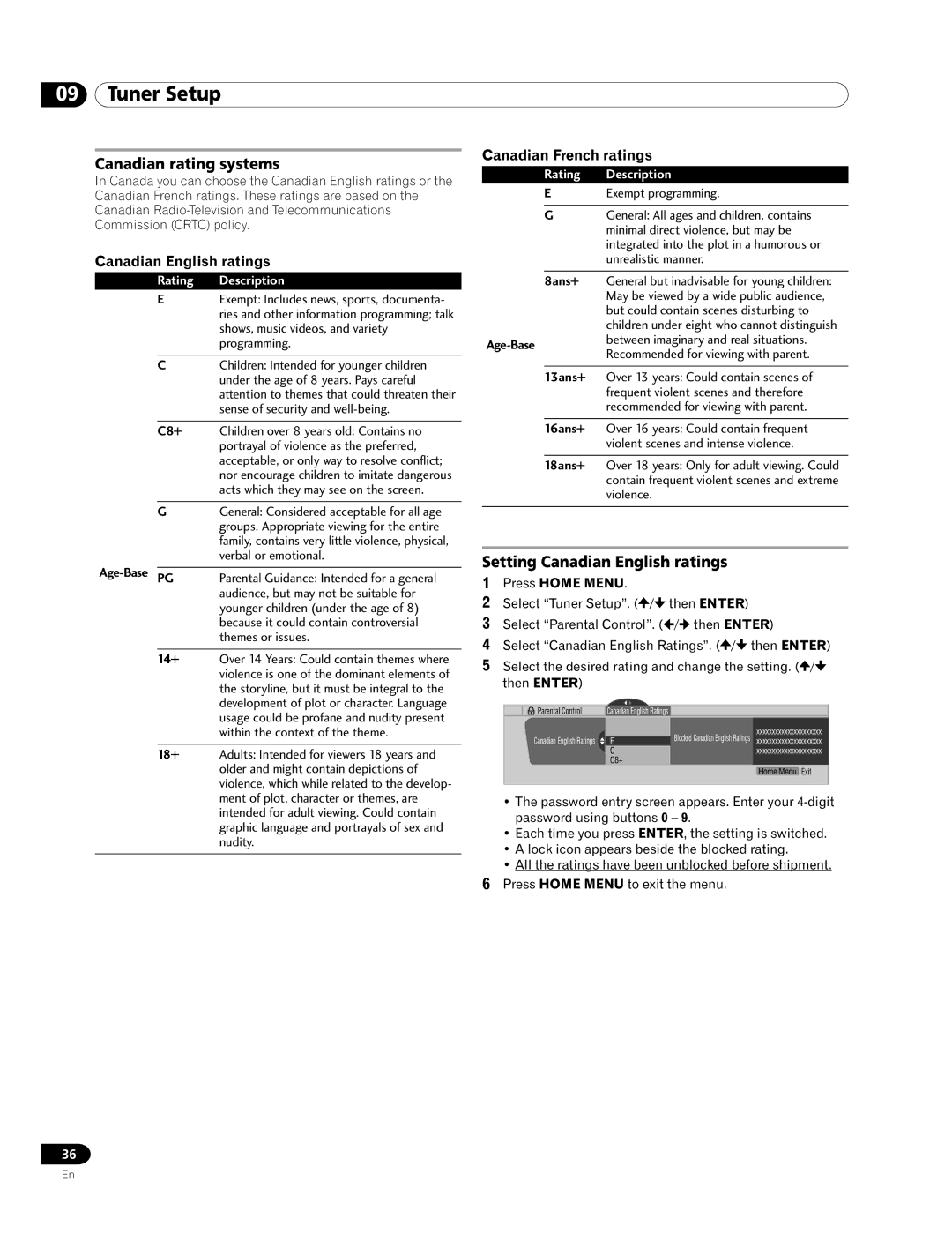 Pioneer PRO-920HD manual Canadian rating systems, Setting Canadian English ratings, Canadian French ratings, Age-Base PG 