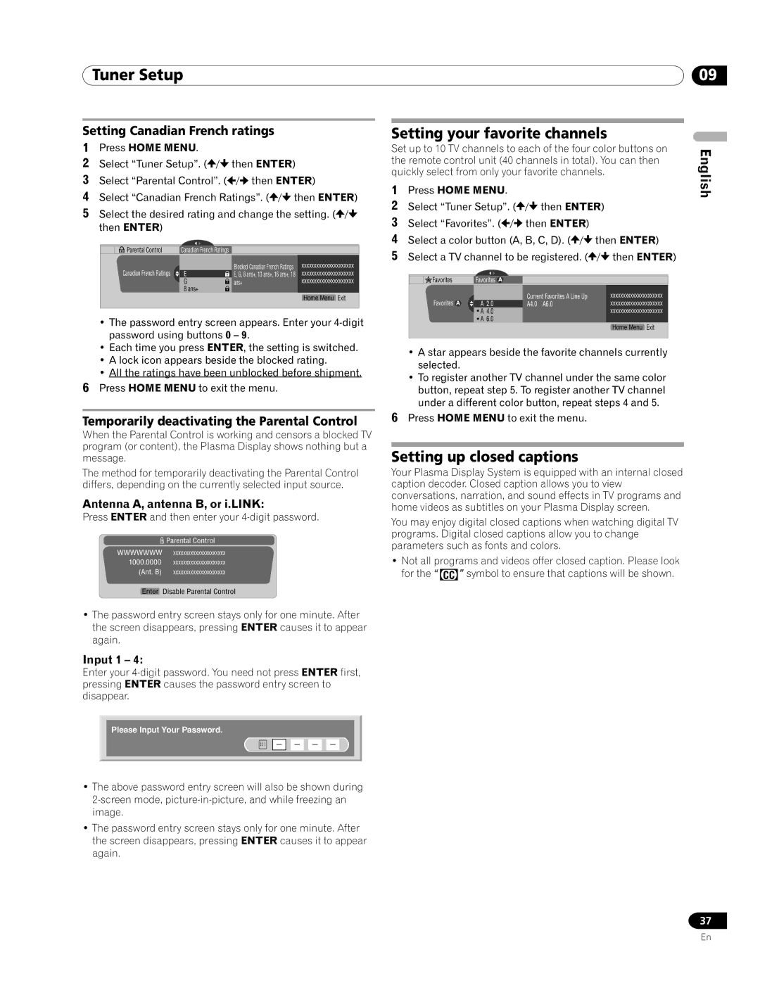 Pioneer PRO-1120HD, PRO-920HD Setting your favorite channels, Setting up closed captions, Setting Canadian French ratings 