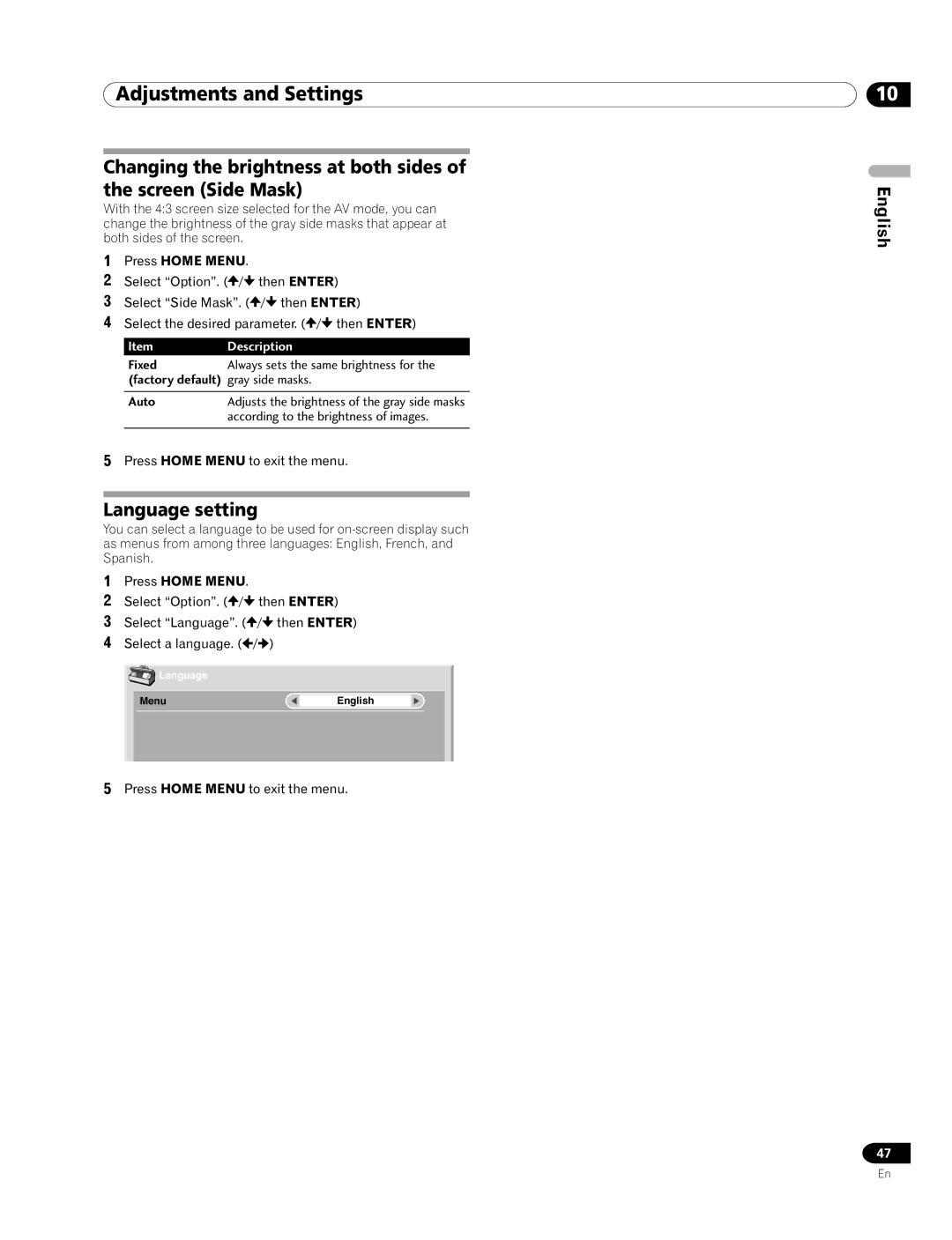 Pioneer PRO-1120HD, PRO-920HD manual Language setting, According to the brightness of images 