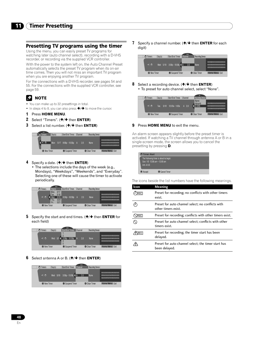 Pioneer PRO-920HD, PRO-1120HD manual Timer Presetting, Presetting TV programs using the timer, Icon Meaning 