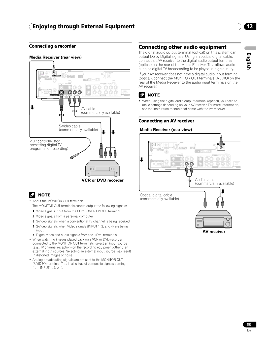 Pioneer PRO-1120HD Connecting other audio equipment, Connecting a recorder, Connecting an AV receiver, VCR or DVD recorder 