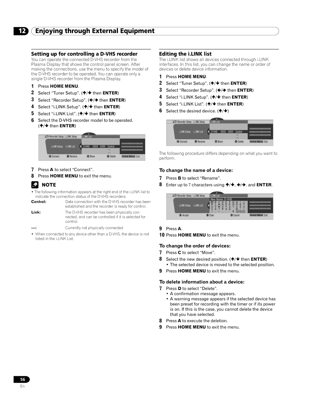 Pioneer PRO-920HD Setting up for controlling a D-VHS recorder, Editing the i.LINK list, To change the name of a device 