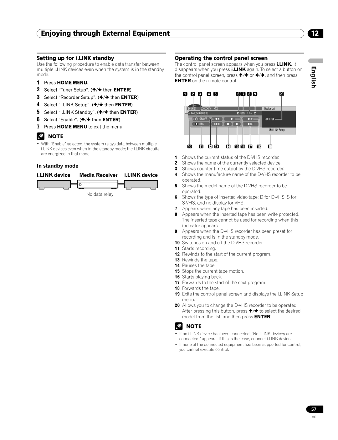 Pioneer PRO-1120HD, PRO-920HD manual Setting up for i.LINK standby, Operating the control panel screen, No data relay 