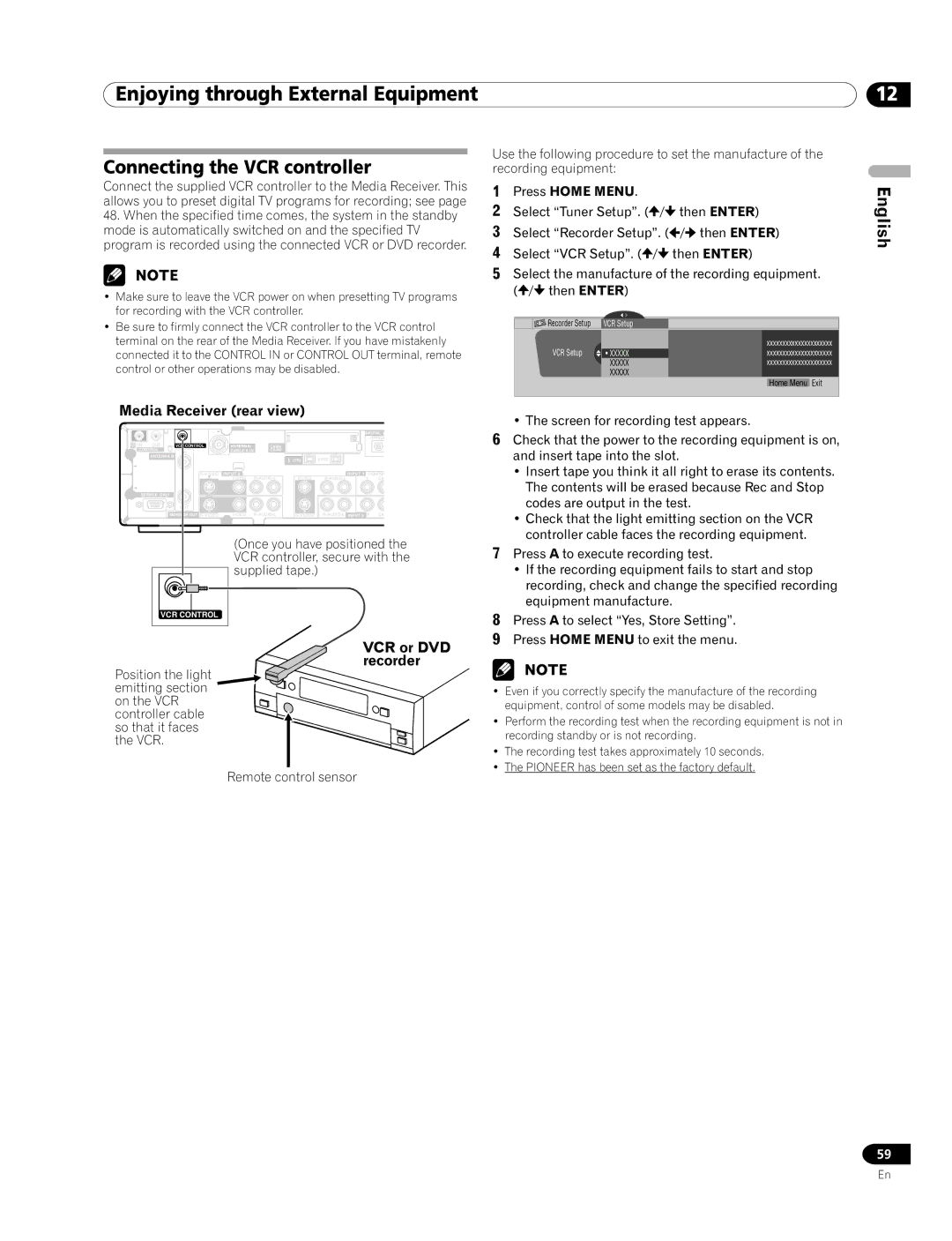 Pioneer PRO-1120HD, PRO-920HD manual Connecting the VCR controller, Screen for recording test appears 