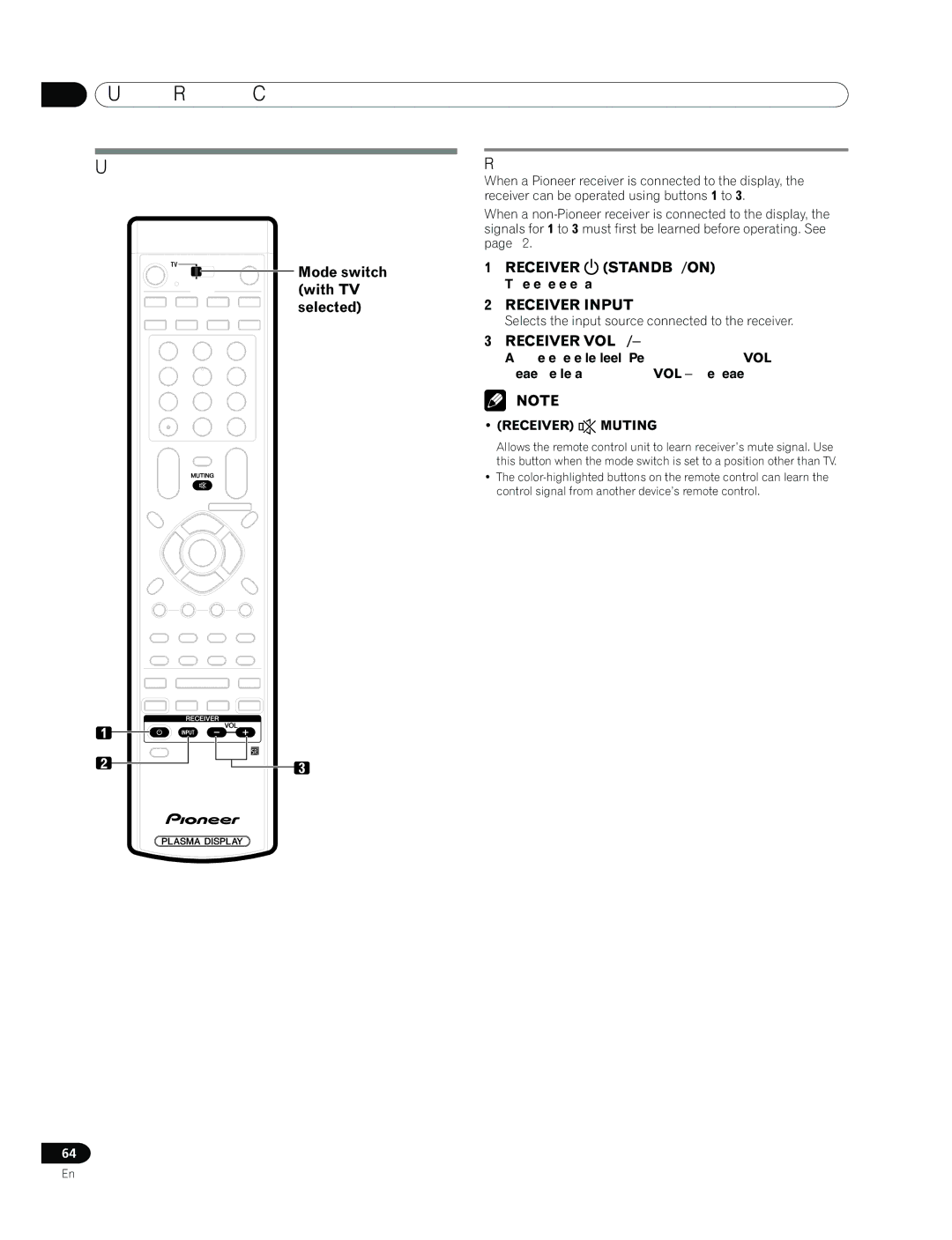 Pioneer PRO-920HD, PRO-1120HD manual Using the remote control unit to control other devices, Receiver control buttons 