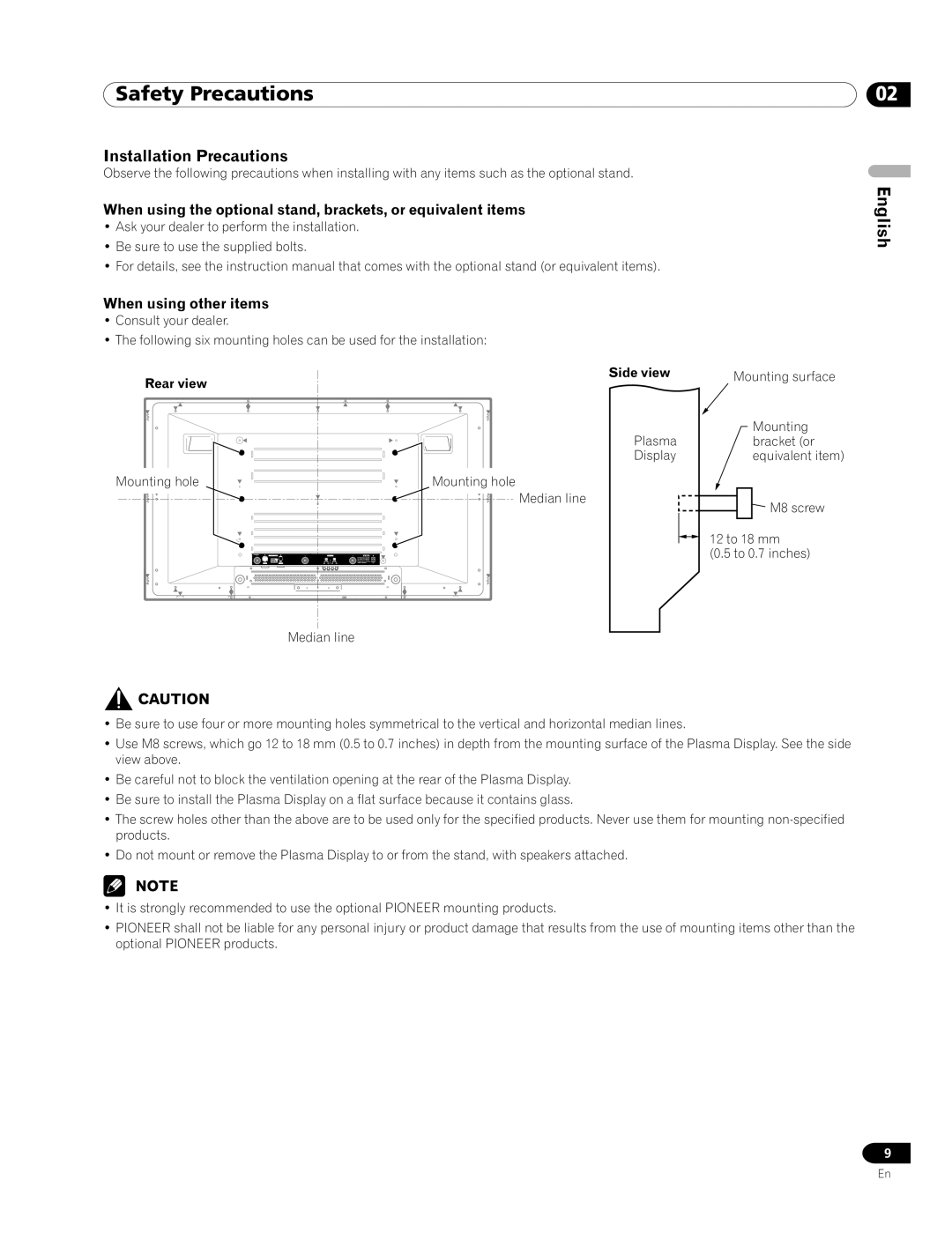 Pioneer PRO-1120HD, PRO-920HD manual Installation Precautions, When using other items, Rear view, Mounting hole, Side view 