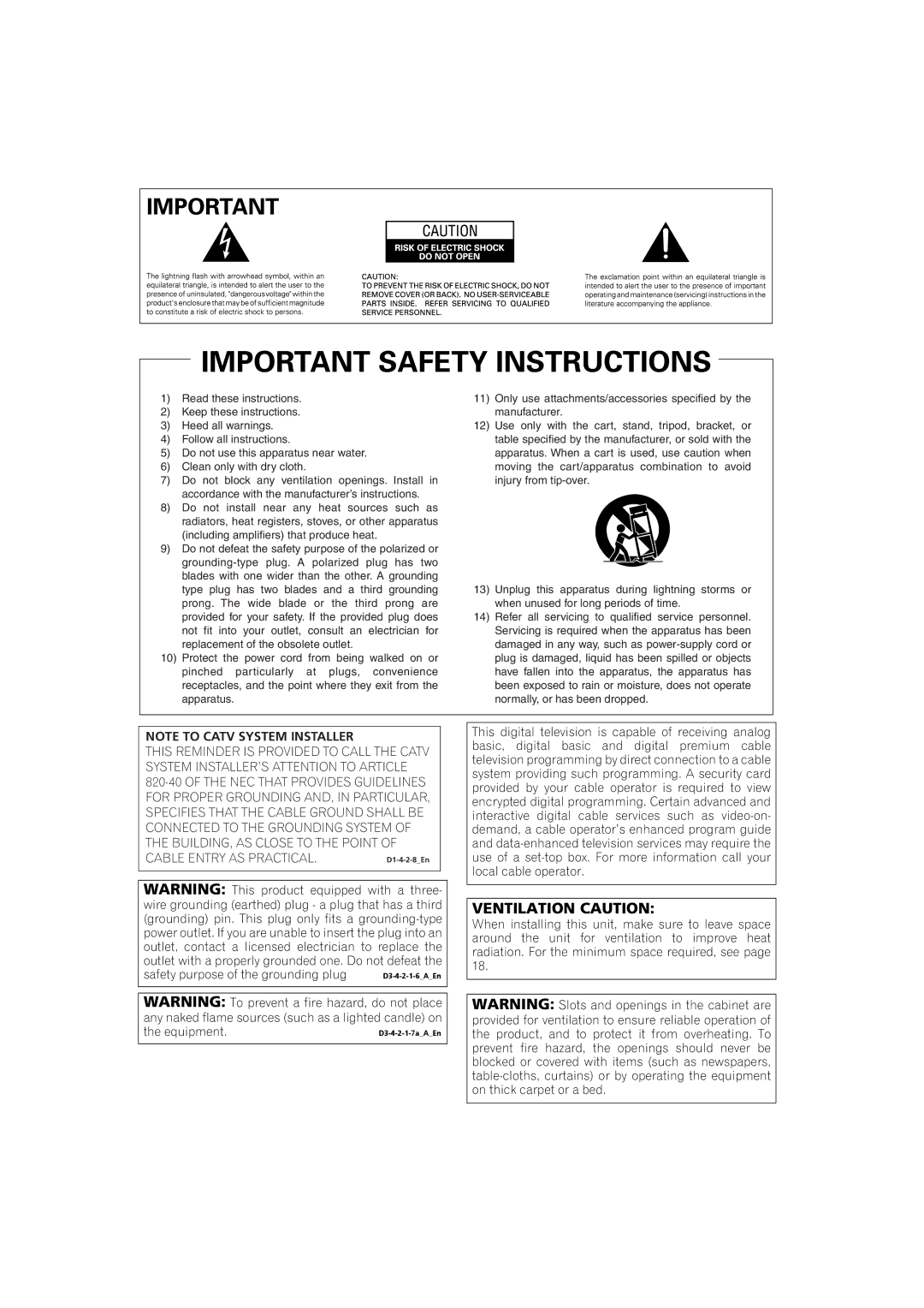 Pioneer PRO 940HD, PRO 1140HD manual Ventilation Caution 