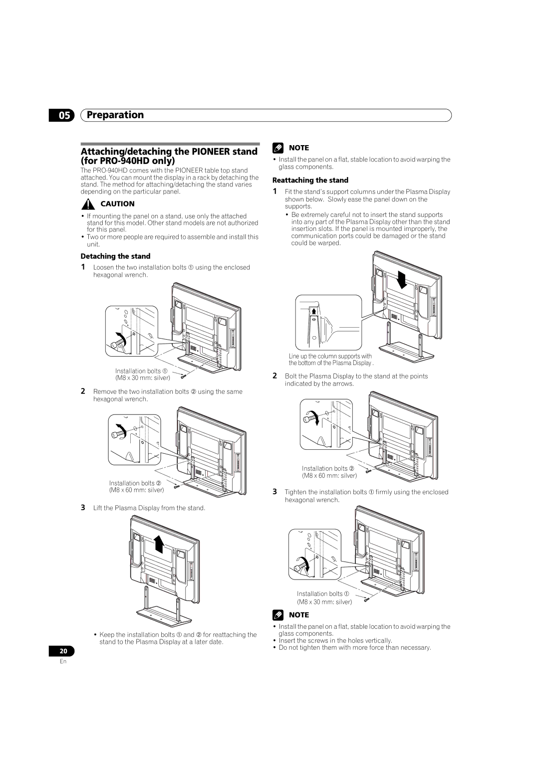 Pioneer PRO 940HD Attaching/detaching the Pioneer stand for PRO-940HD only, Detaching the stand, Reattaching the stand 