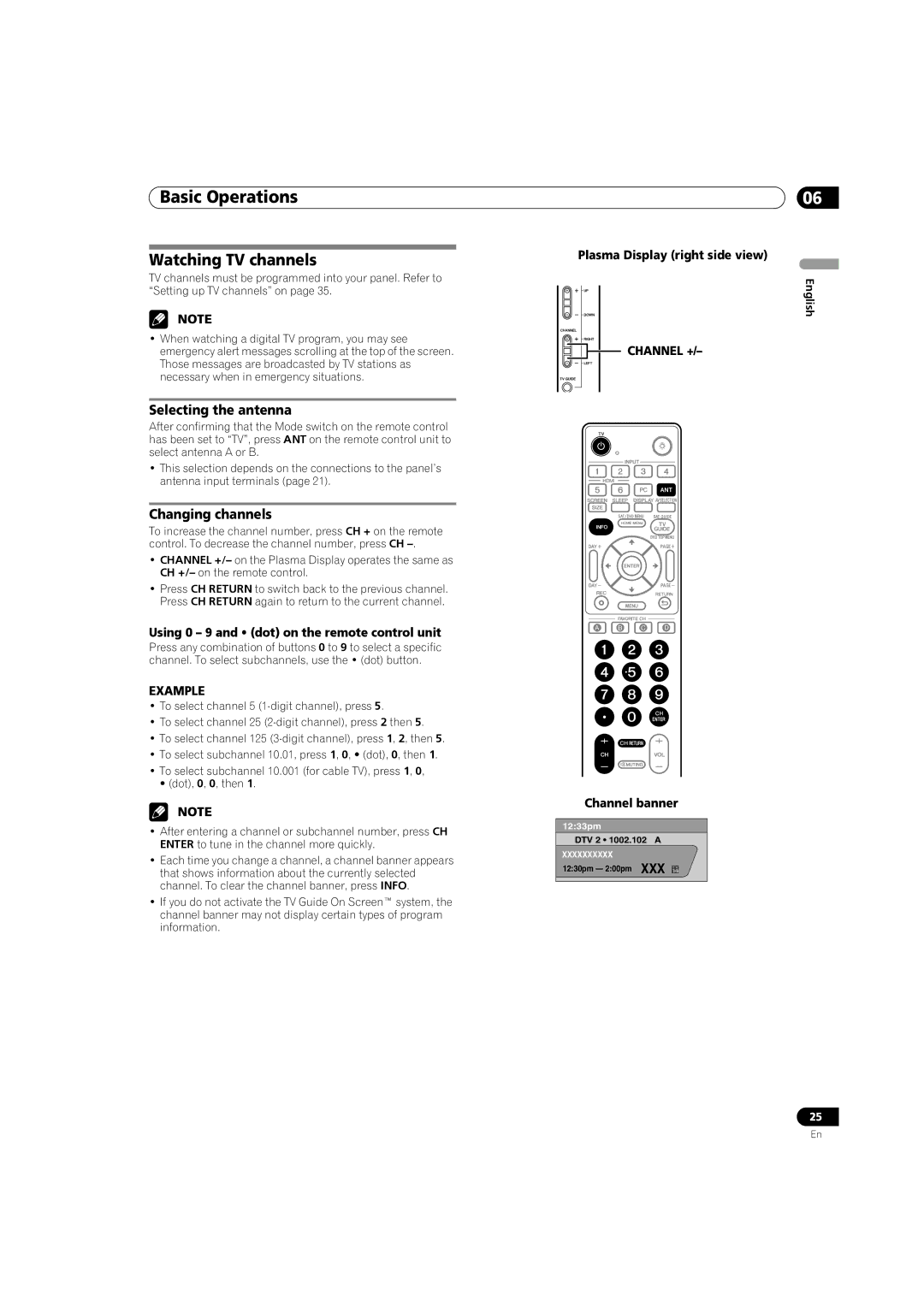 Pioneer PRO 1140HD, PRO 940HD manual Watching TV channels, Selecting the antenna, Changing channels 