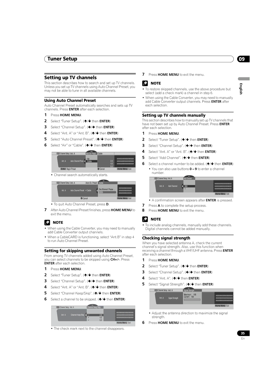 Pioneer PRO 1140HD, PRO 940HD manual Tuner Setup, Setting up TV channels 