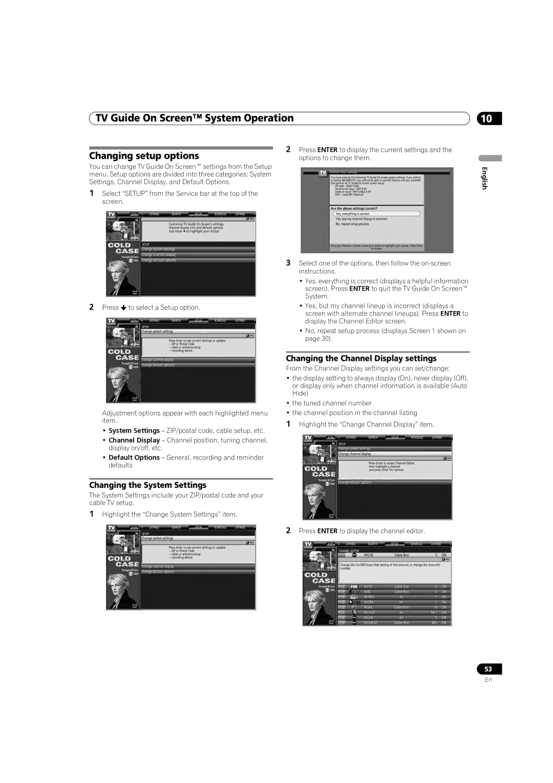 Pioneer PRO 1140HD, PRO 940HD Changing setup options, Changing the System Settings, Changing the Channel Display settings 