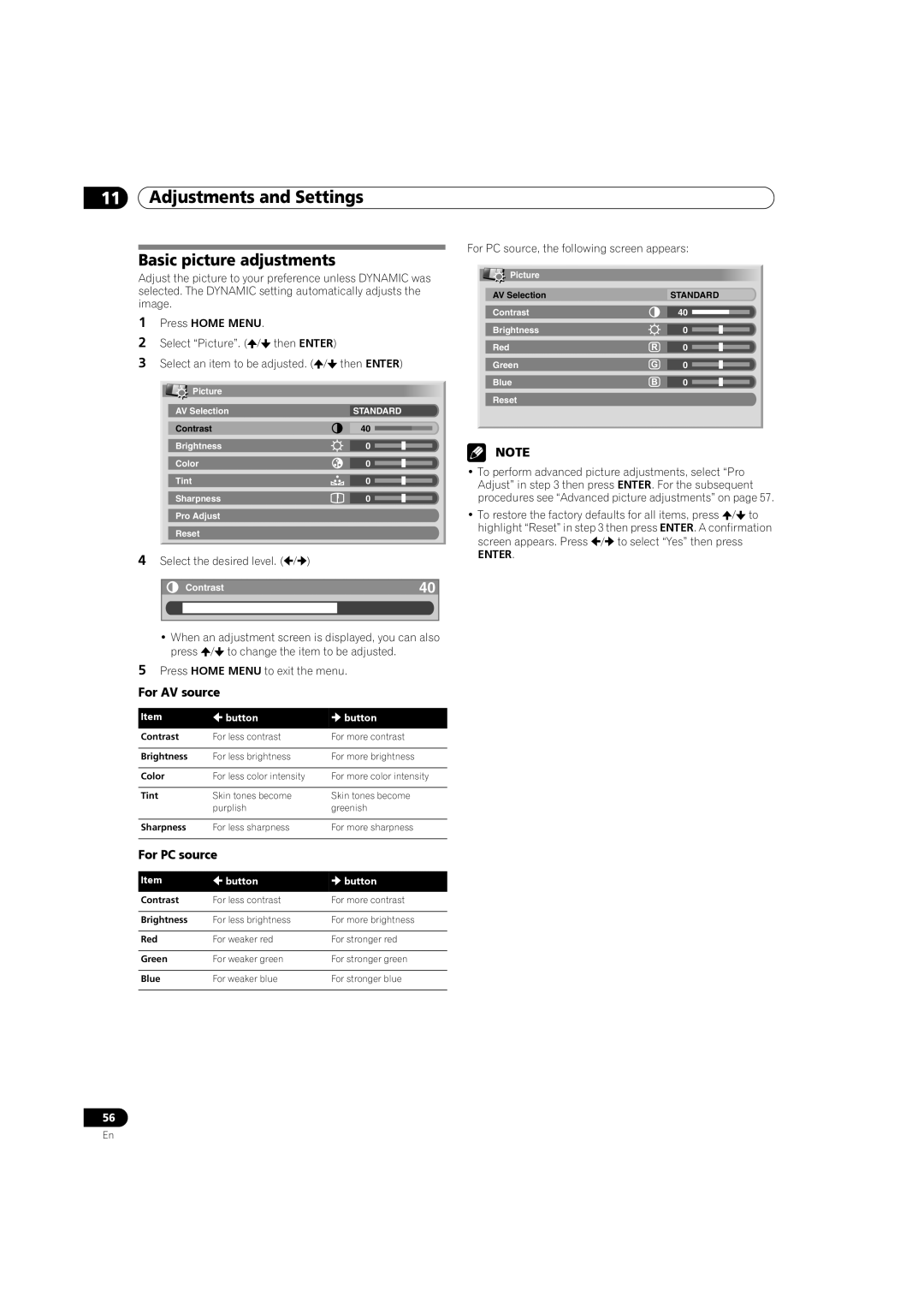 Pioneer PRO 940HD Basic picture adjustments, Select the desired level, For PC source, the following screen appears, Button 