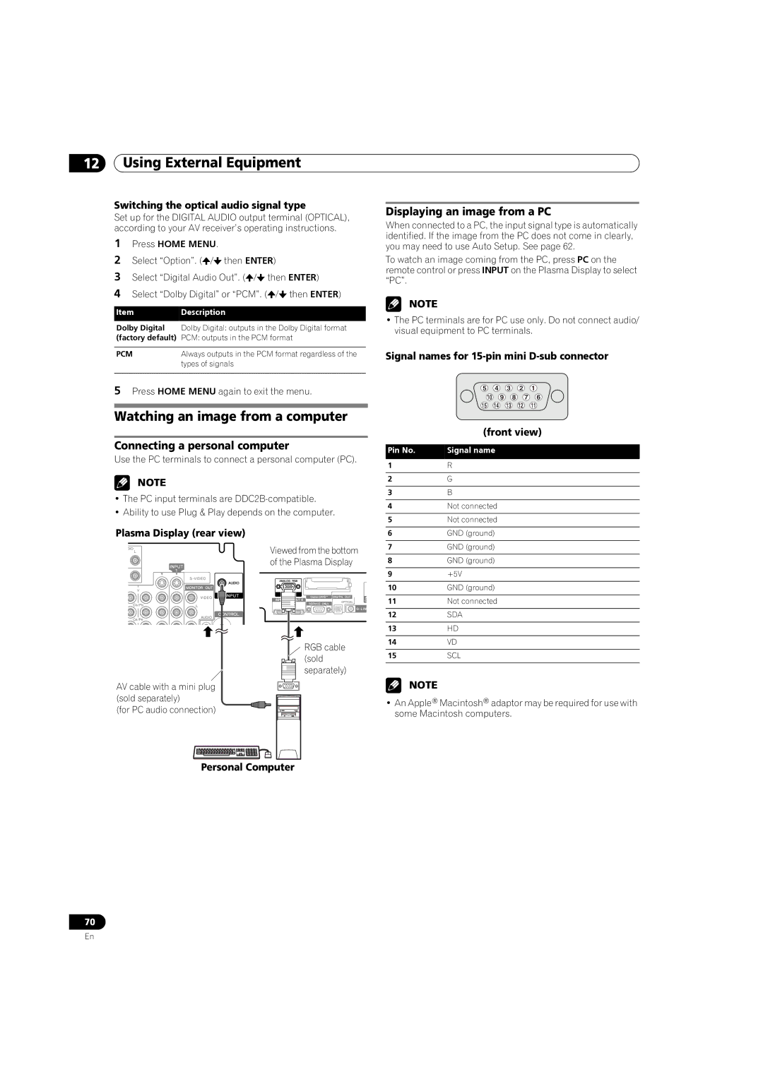 Pioneer PRO 940HD manual Watching an image from a computer, Connecting a personal computer, Displaying an image from a PC 