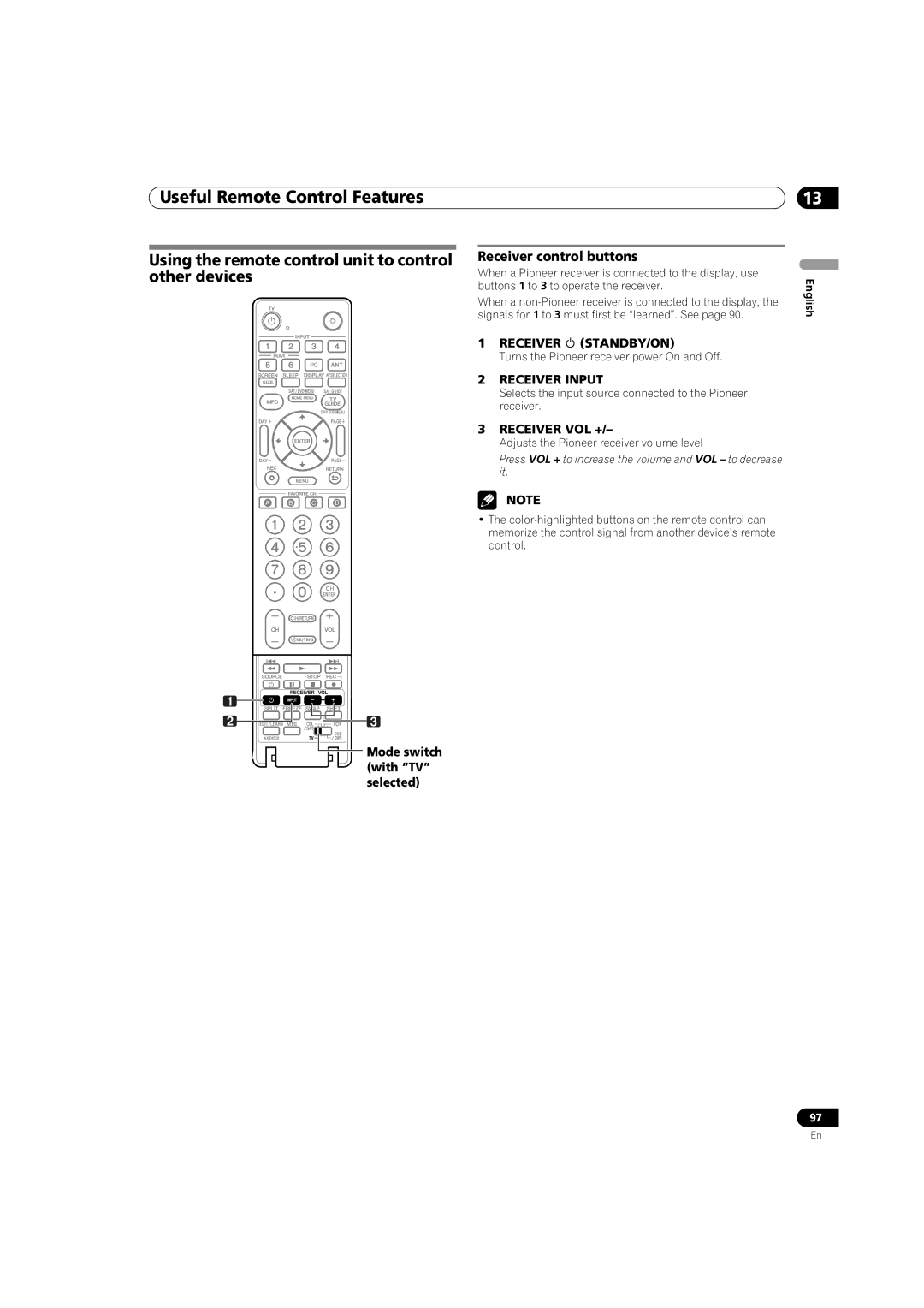 Pioneer PRO 1140HD, PRO 940HD manual Using the remote control unit to control other devices, Receiver control buttons 