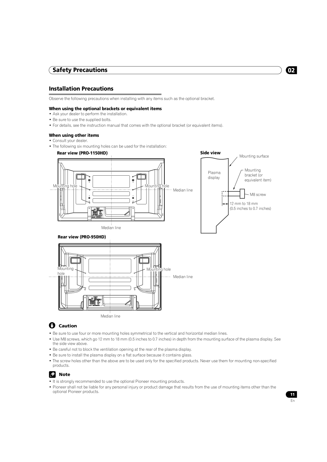 Pioneer PRO-950HD Installation Precautions, When using the optional brackets or equivalent items, When using other items 