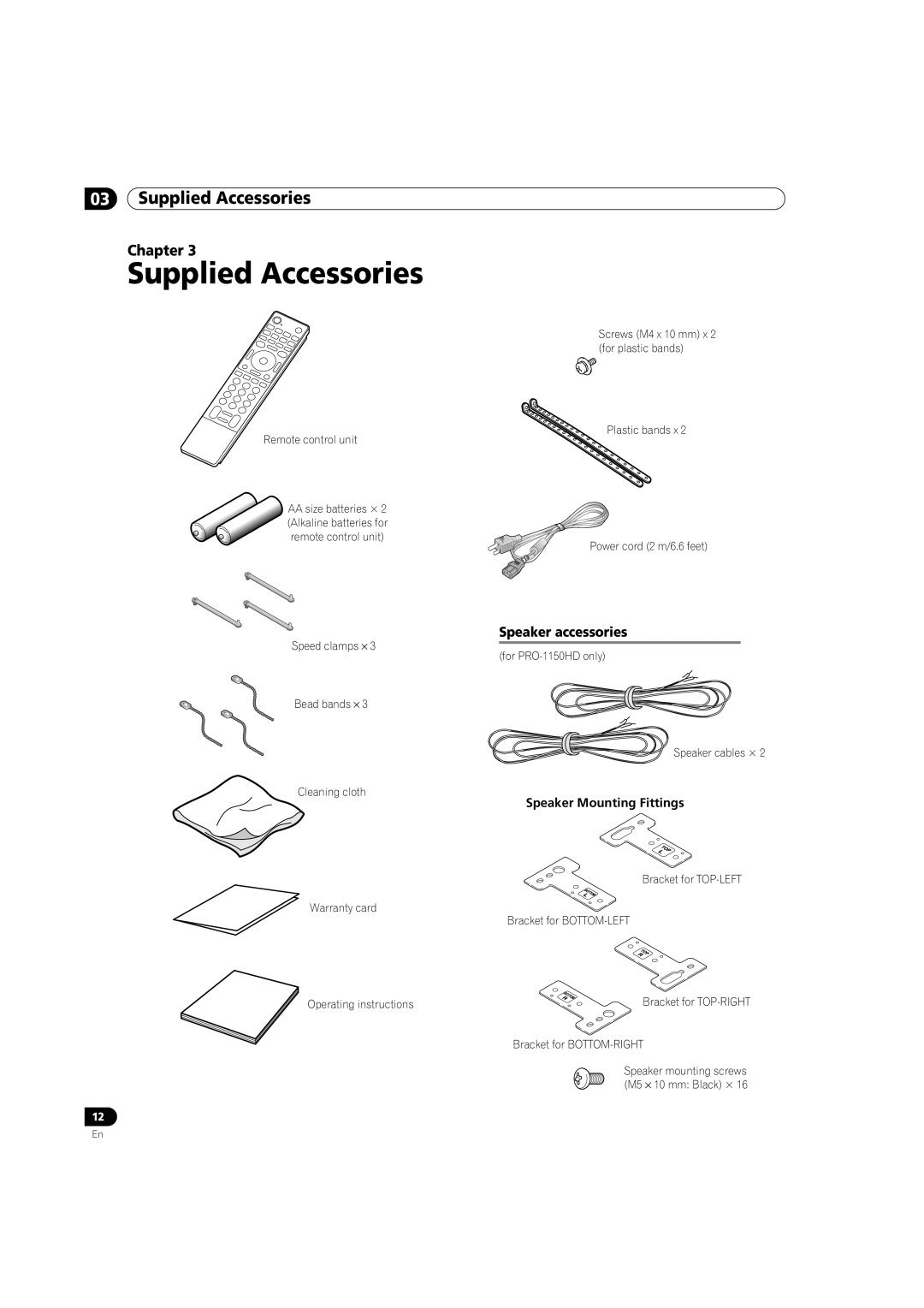 Pioneer PRO-950HD manual Supplied Accessories, Speaker accessories, Speaker Mounting Fittings 