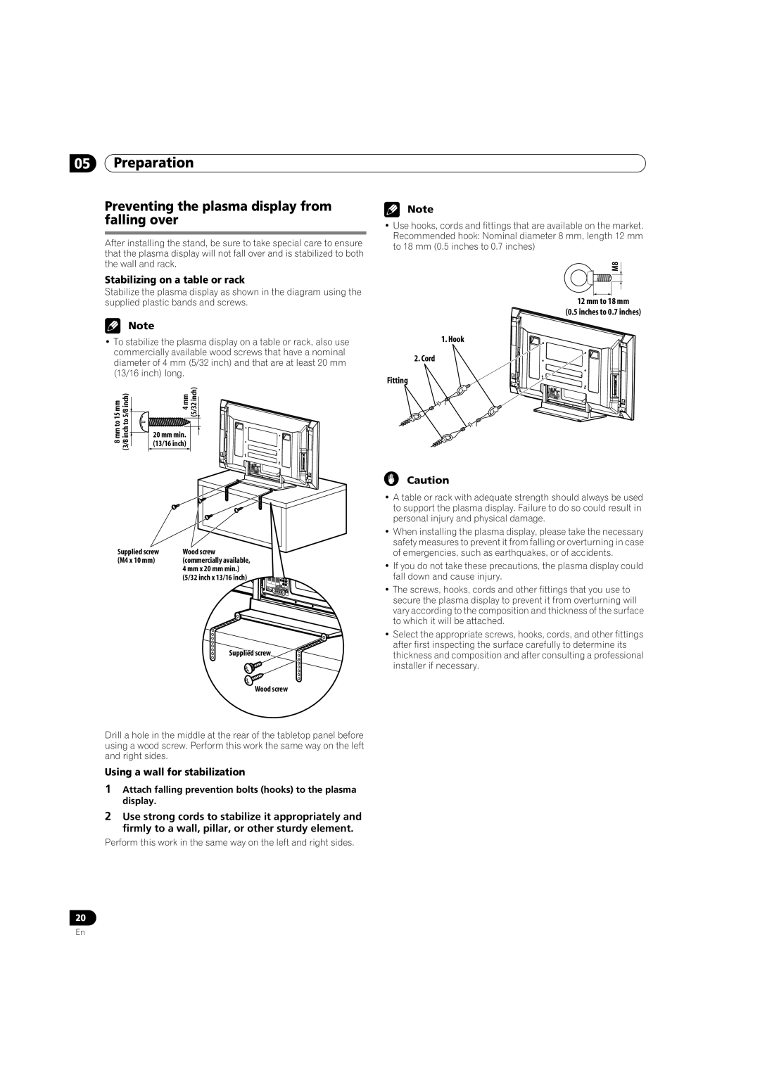 Pioneer PRO-950HD manual Preventing the plasma display from falling over, Stabilizing on a table or rack 