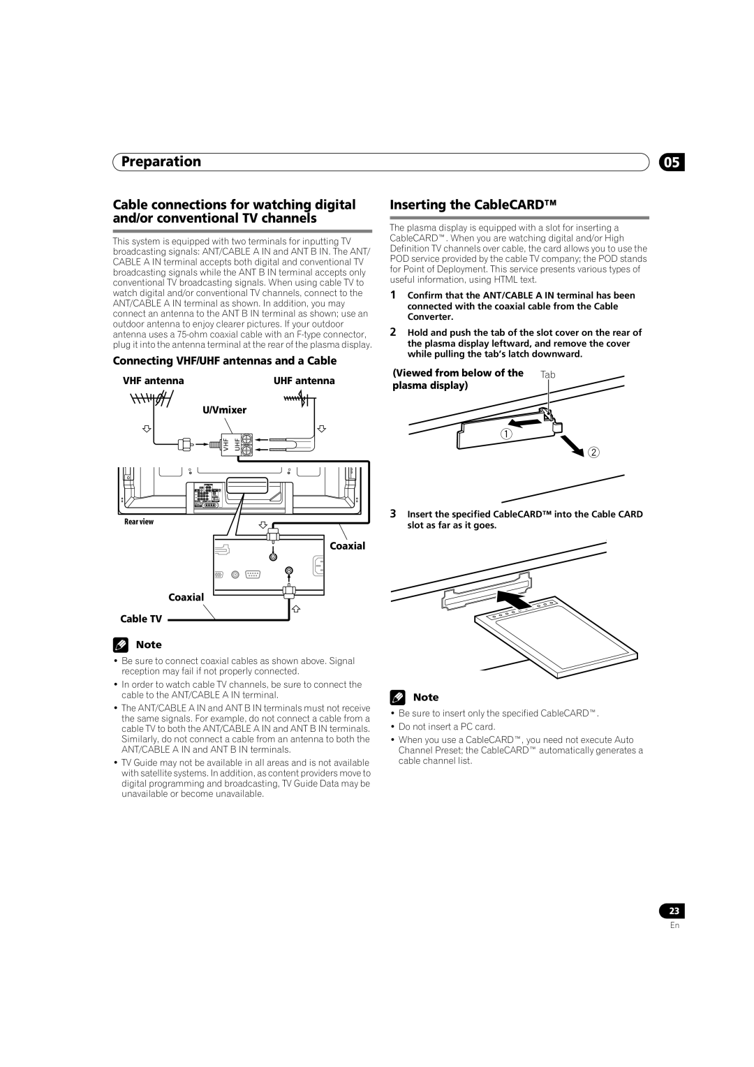 Pioneer PRO-950HD manual Inserting the CableCARD, Connecting VHF/UHF antennas and a Cable 