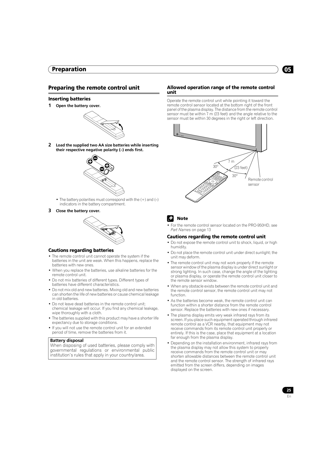 Pioneer PRO-950HD manual Preparing the remote control unit, Inserting batteries, Battery disposal, Close the battery cover 