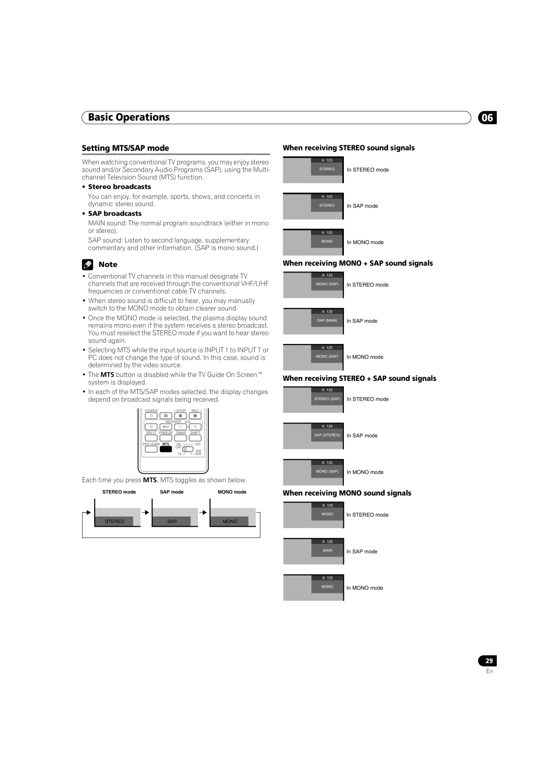 Pioneer PRO-950HD manual Setting MTS/SAP mode, When receiving Stereo sound signals, When receiving Mono + SAP sound signals 